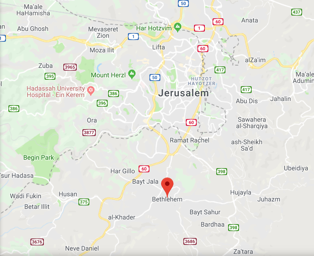 Google Map of Jerusalem and surrounding area, including Bethlehem, a 30 minute drive South.