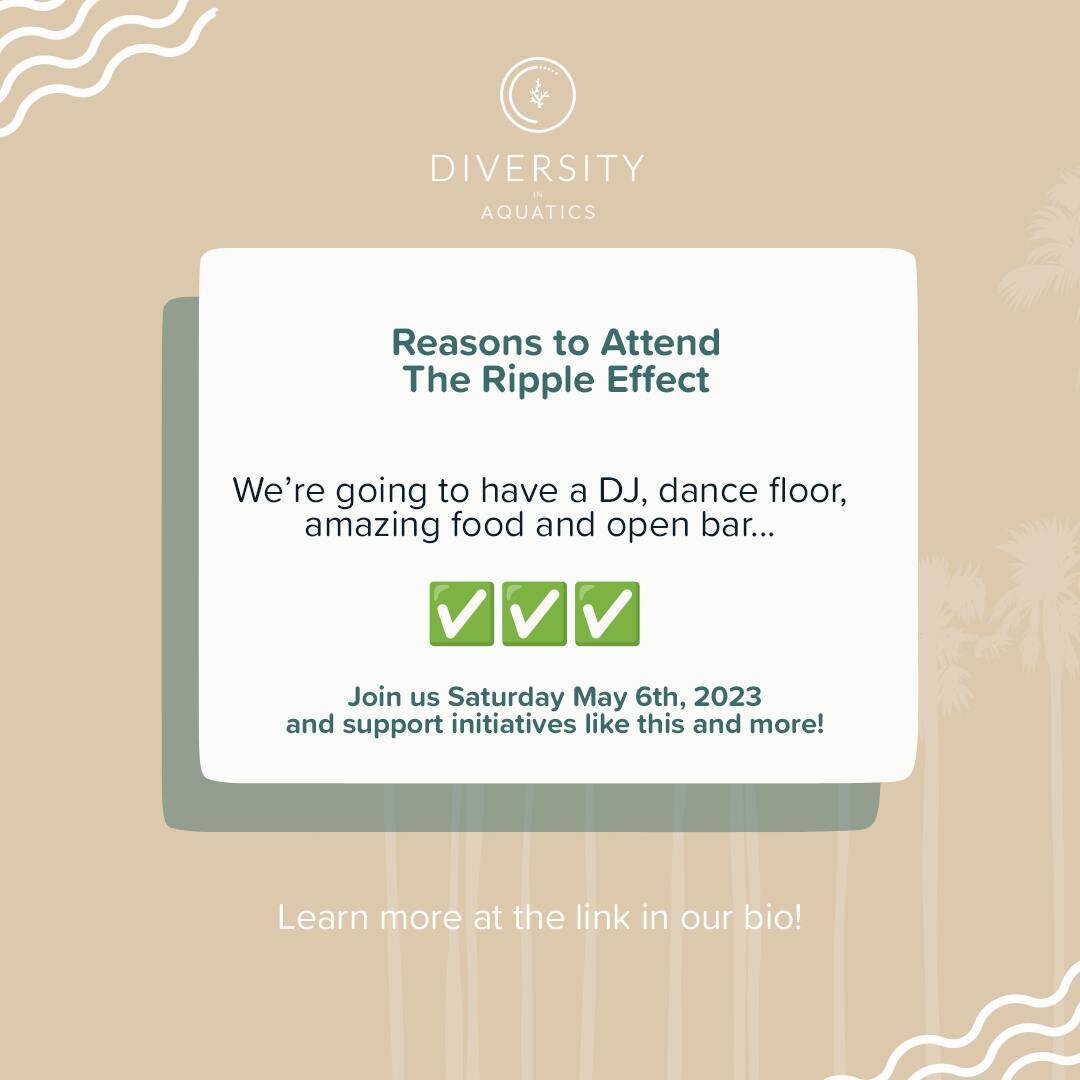 Come for the fundraising, stay for the food, drinks, gifts, dancing, laughs, and amazing views... 

Will we see you at The Ripple Effect? 

Don't miss out on supporting Diversity In Aquatics.

Link in bio!