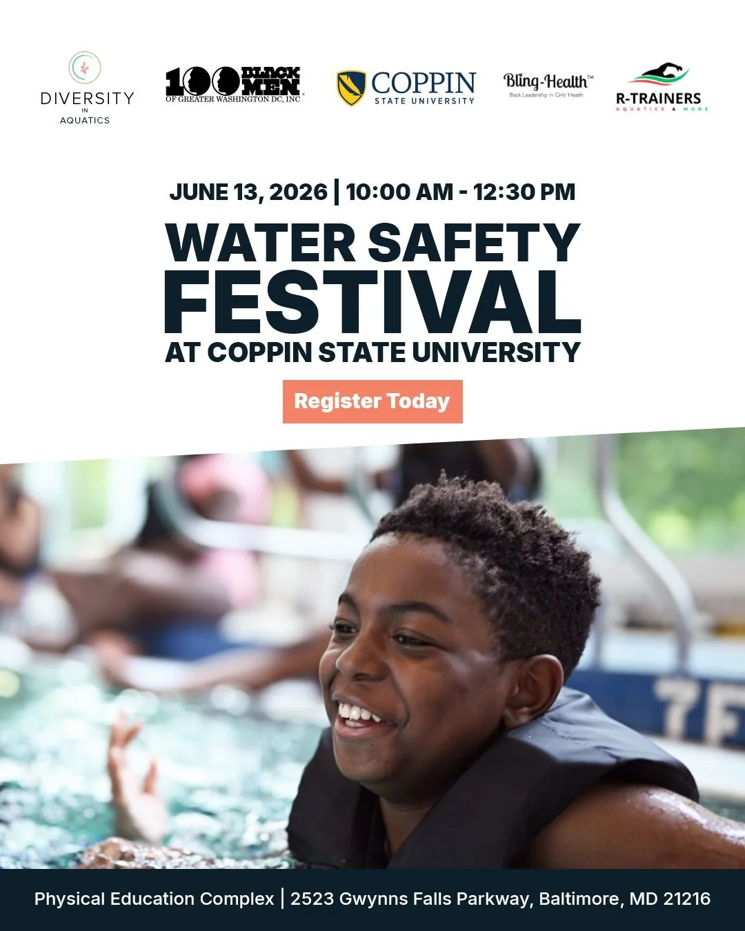 Join us on June 13 for a Water Safety Festival at Coppin State University.

This free community event will bring together families, youth, aquatic professionals, and community partners for a morning focused on water safety education, skill-building, 