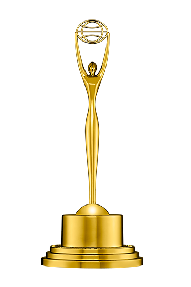 A golden trophy with a human figure holding an orb and a sphere on its head, mounted on a round base