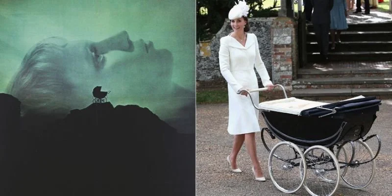 Left side: silhouette of a woman lying down with her face in profile; Right side: woman dressed in vintage white coat and hat pushing a black baby carriage with a book on top, outdoors near steps. Good Omens Amazon Hal Kirkland