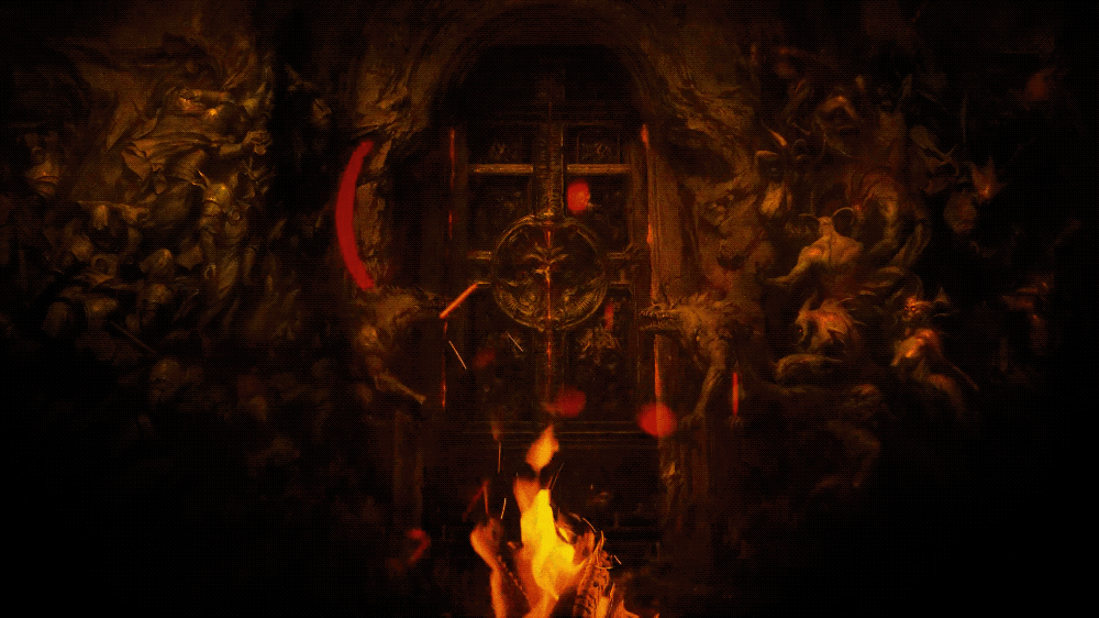 Dark, ornate scene with burning fire and gothic-style metal gate with skulls and intricate designs.