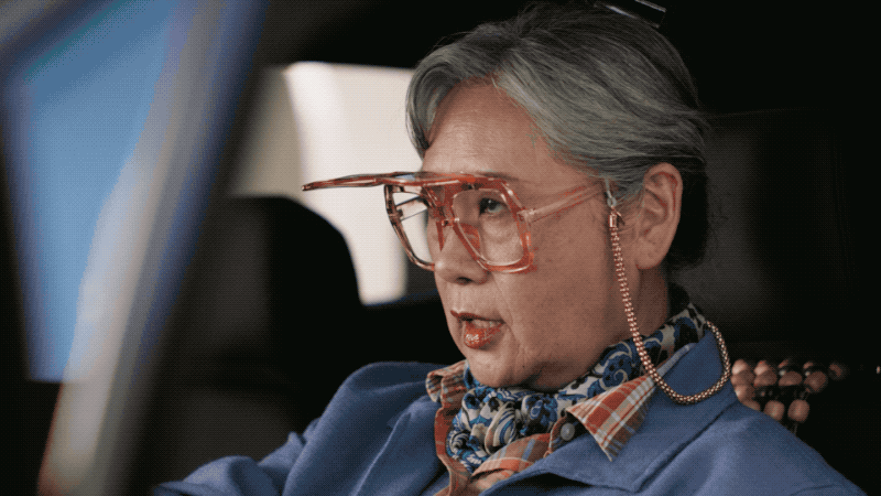 Older woman with gray hair wearing large pink glasses, patterned scarf, blue jacket, and plaid shirt sitting in a car.