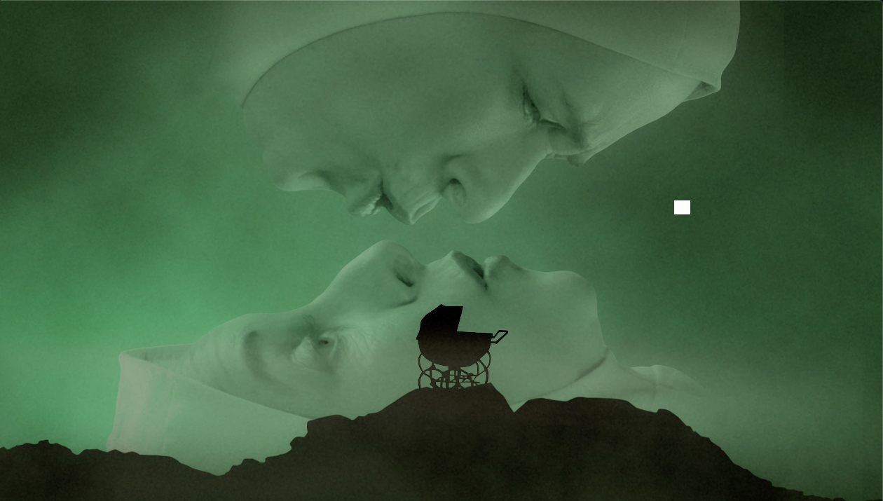A green-tinted surreal image of two large, superimposed houses with human faces, positioned close to each other, with a silhouette of a baby carriage in front of a mountain at the bottom. Good Omens Amazon Hal Kirkland