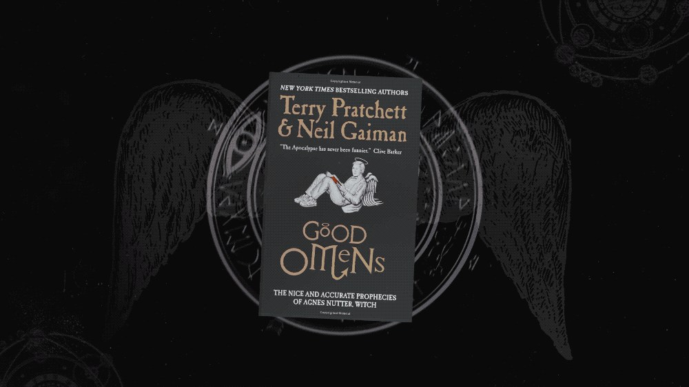 Book titled "Good Omens" by Terry Pratchett and Neil Gaiman with an illustration of an angel, set against a dark background with angel wings.