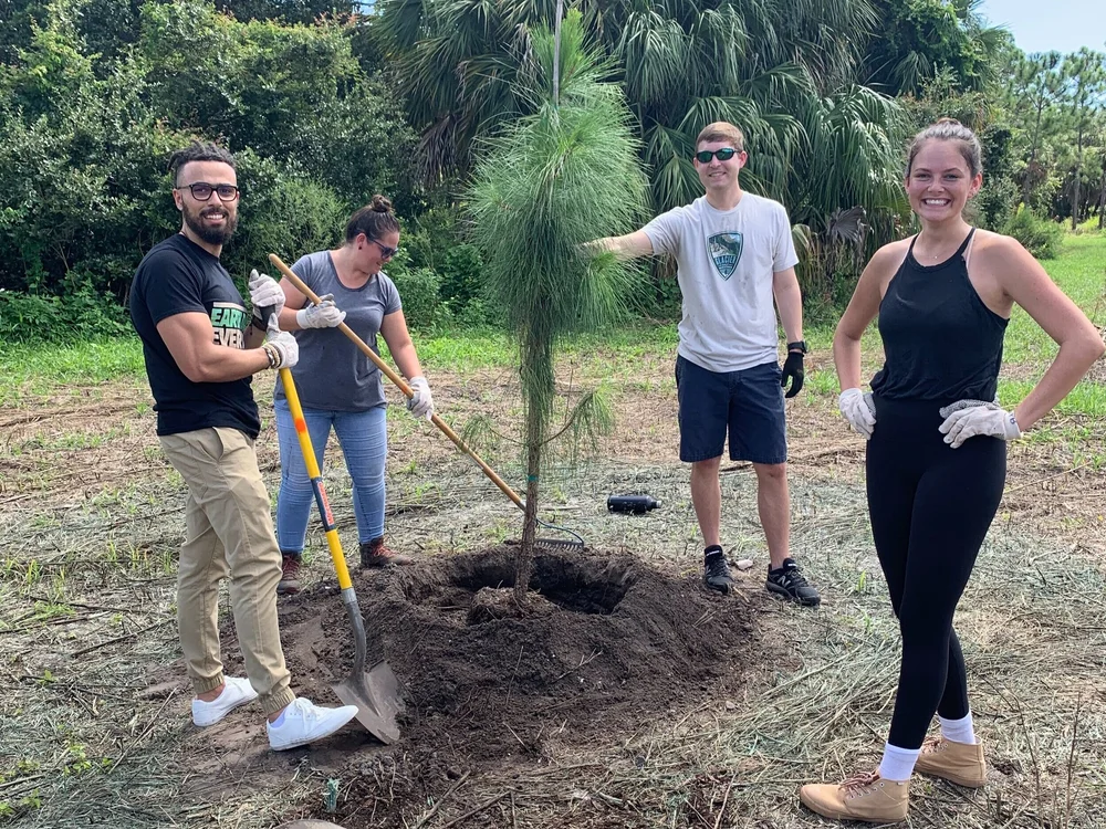 Volunteers picking up litter on a street