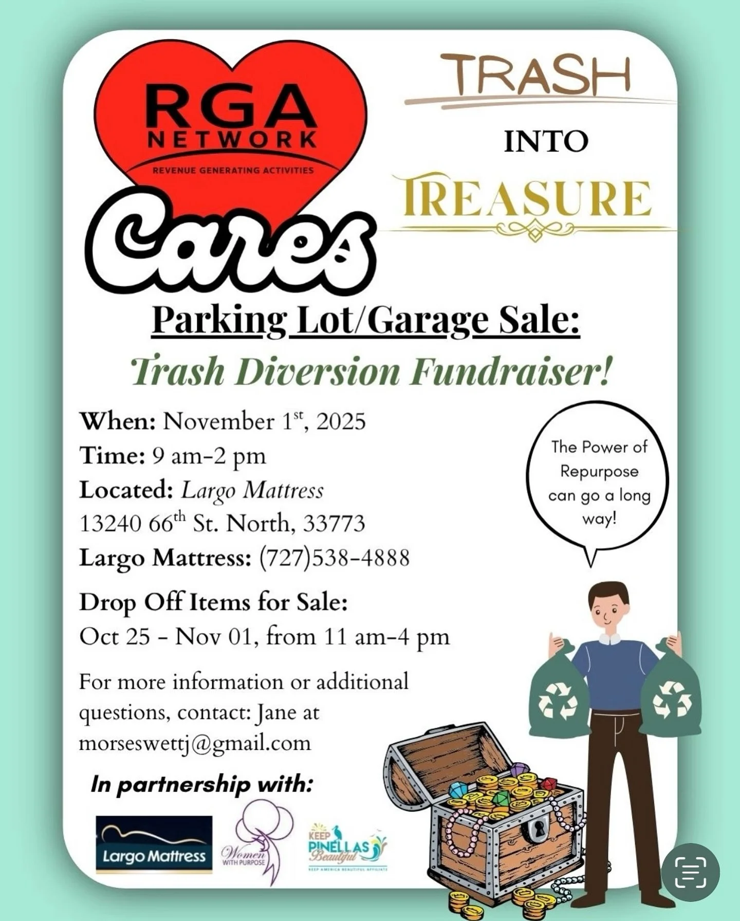 ☺️ RGA Network Cares is hosting a Parking Lot/Garage Sale titled “Trash into Treasure” as a Trash Diversion Fundraiser on November 1st, 2025, from 9 a.m. to 2 p.m. The event will take place at Largo Mattress, located at 13240 66th St. Nor