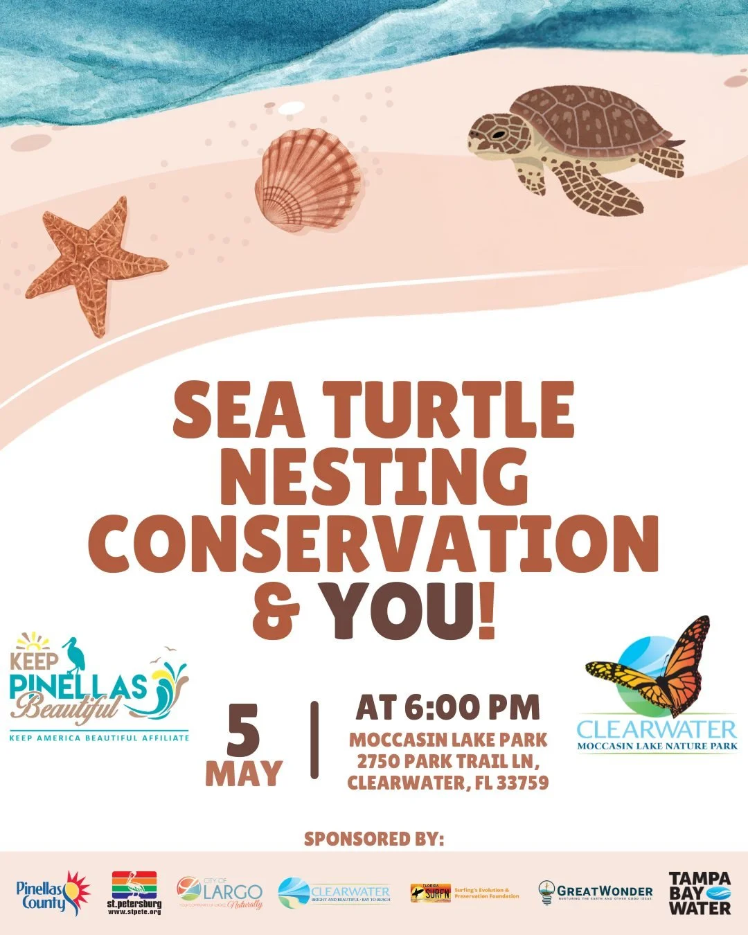 🐢 Shell-ebrate Sea Turtle Nesting Season! 🌊 

Join Keep Pinellas Beautiful at Moccasin Lake Nature Park on Tuesday, May 5th, from 6:00 PM to 7:00 PM for a FREE and inspiring presentation on our local sea turtles! 🐢🌊 

As nesting season begins, le