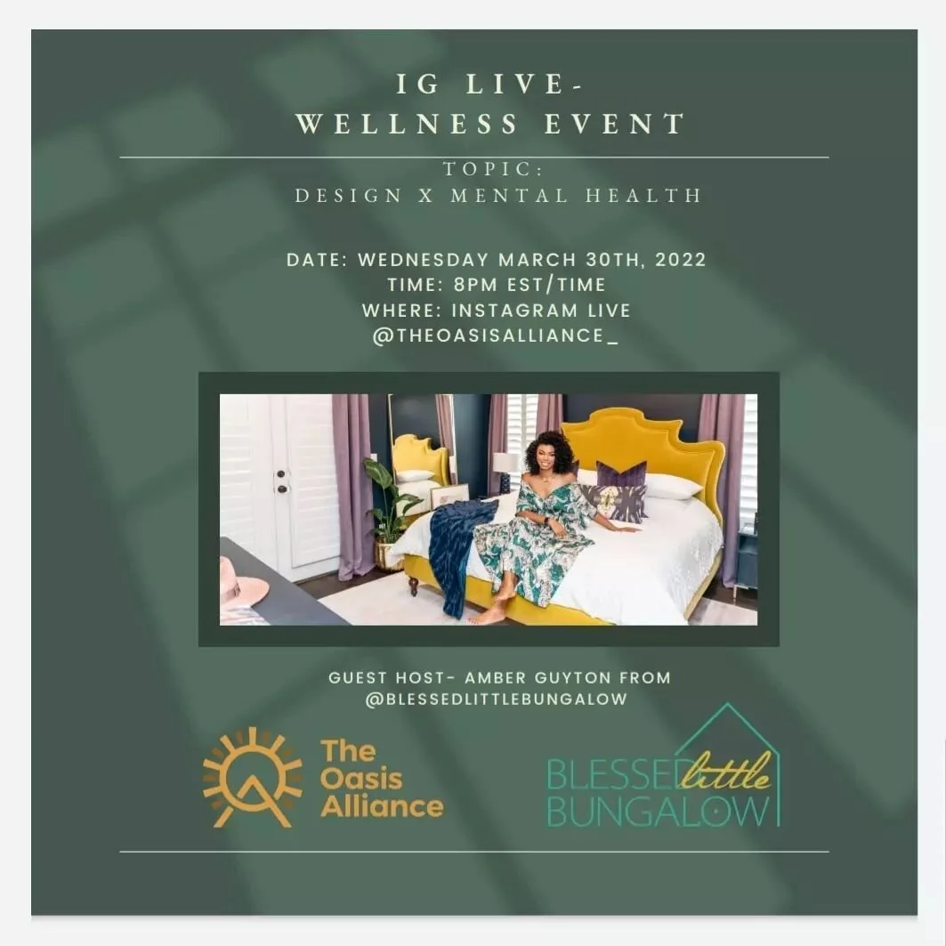 Join us tonight at 8pm EST here on IG Live  @theoasisalliance_ Join the conversation as we chat about design x mental health with Amber Guyton from @blessedlittlebungalow
 We can't wait to see you here! #theoasisalliance #mentalhealth 
.
.
.
.
#TheOa