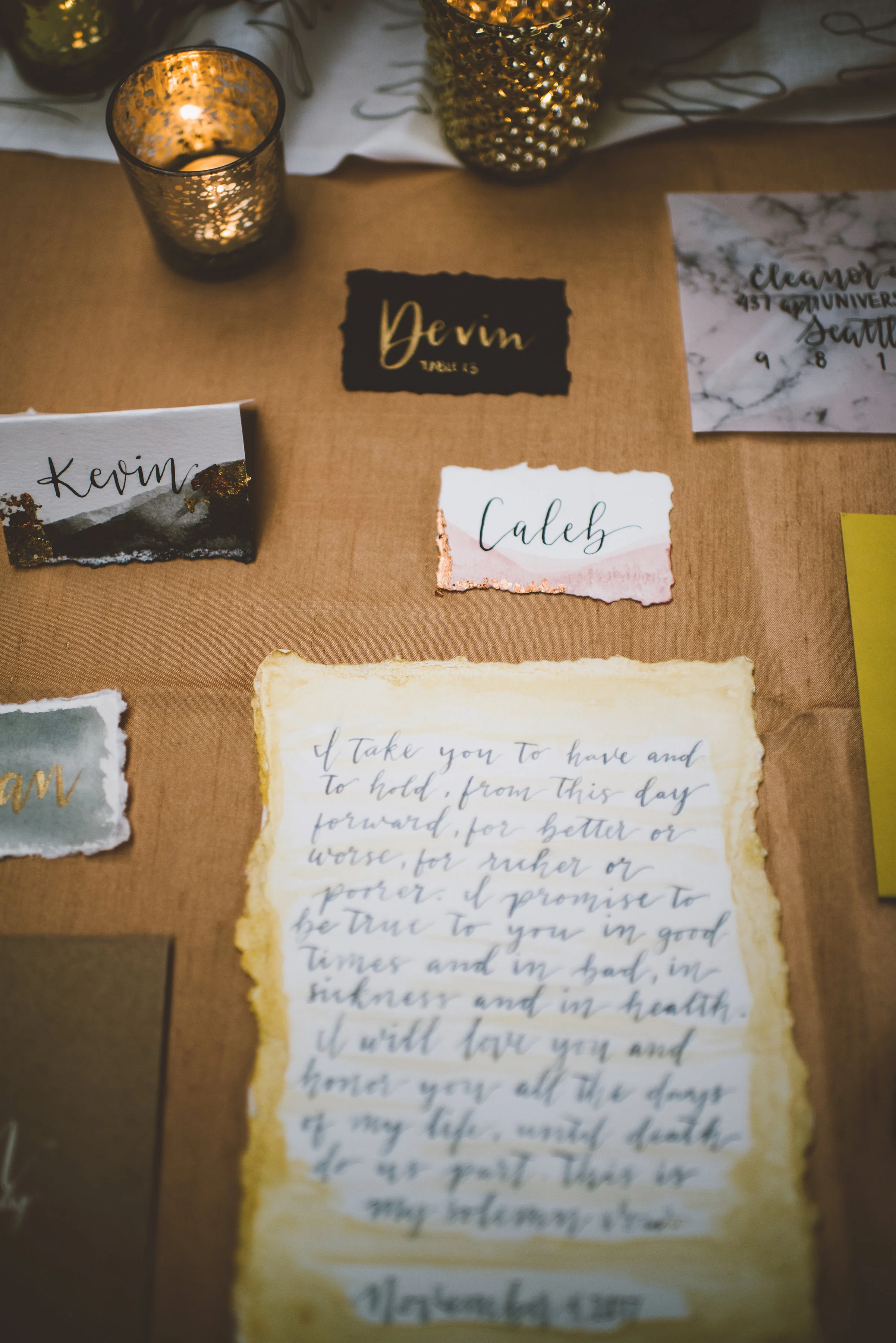 Custom calligraphy vows and placecards