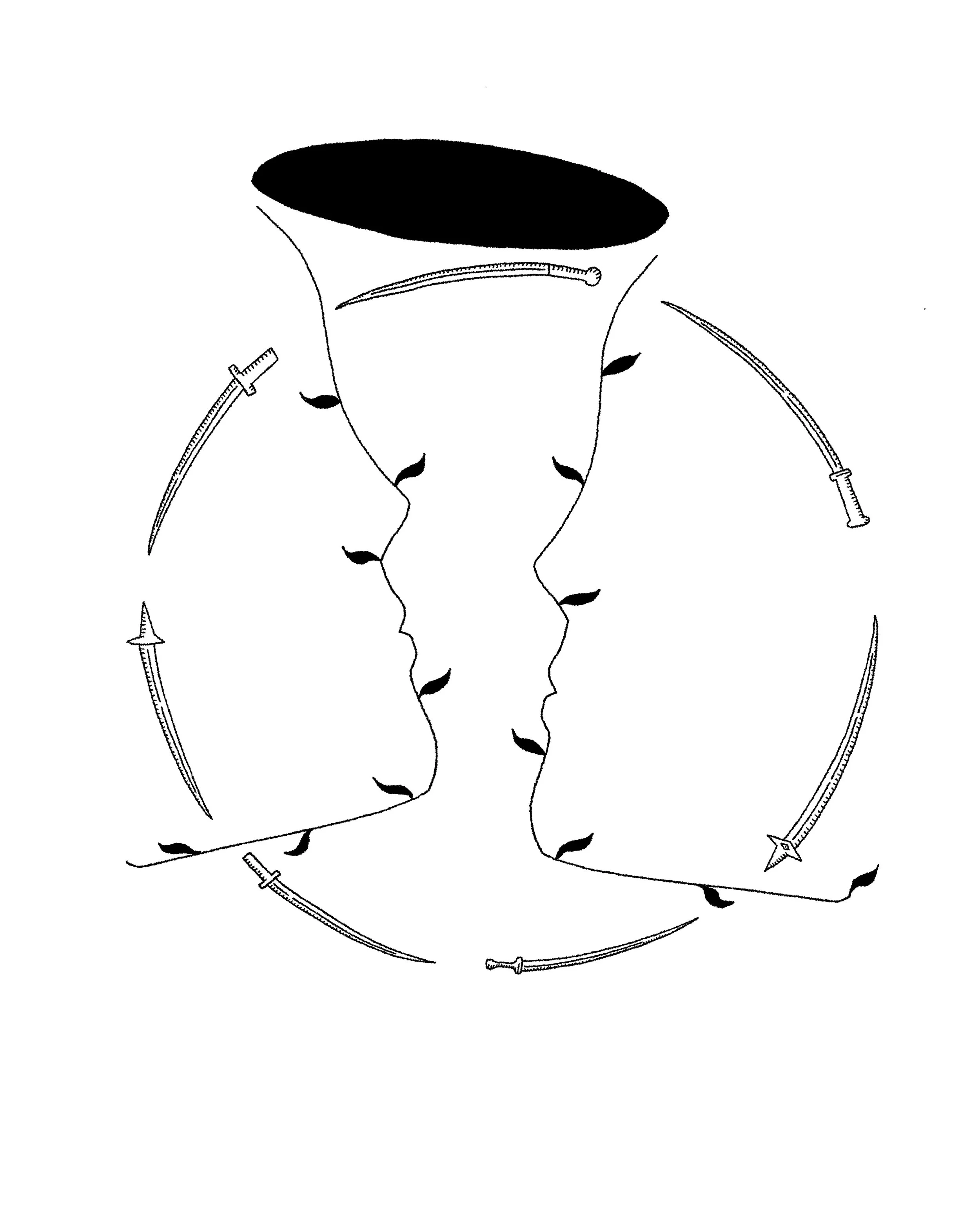 an image from The Cemetery Cure, art by Verena Raban, two faces made of vines with a circle of swords