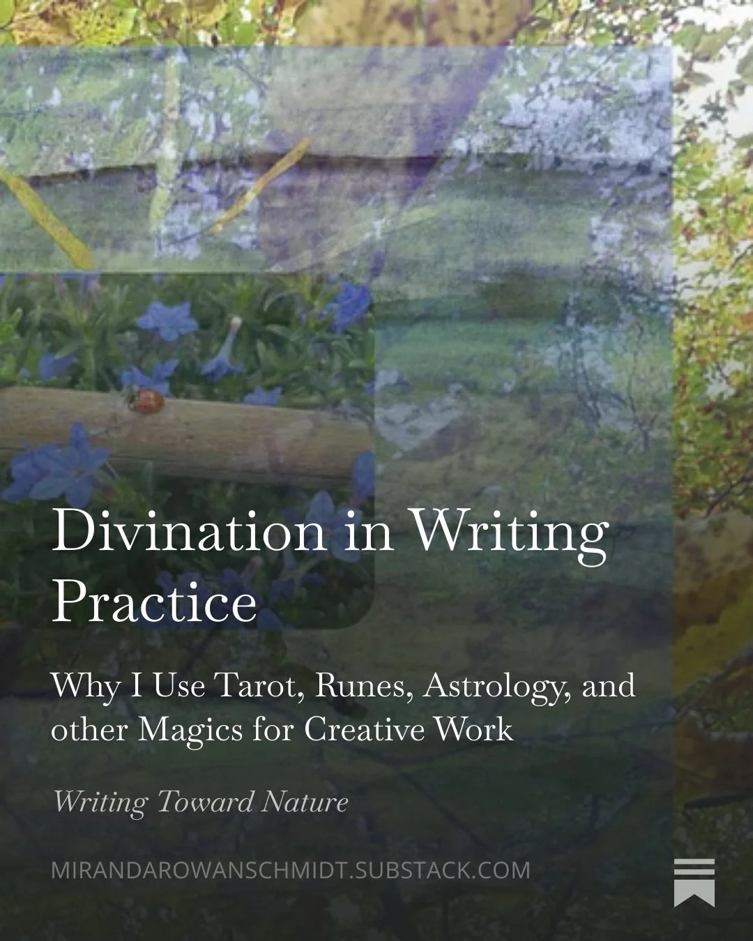 A multi-layered visual image with a ladybug at the center and the text "Divination in Writing Practice Why I Use Tarot, Runes, Astrology, and other Magics for Creative Work"