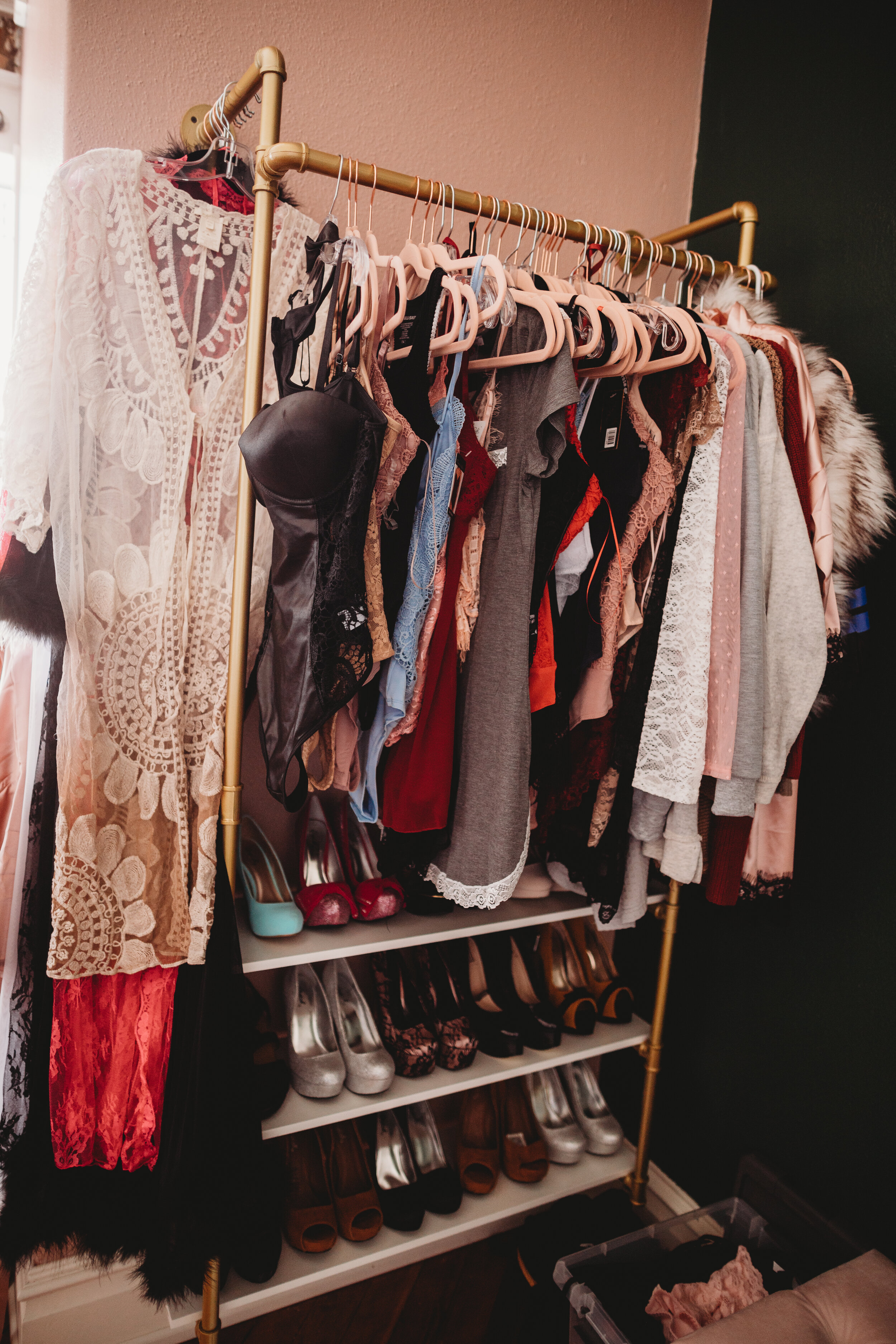 Boudoir clothes on a rack