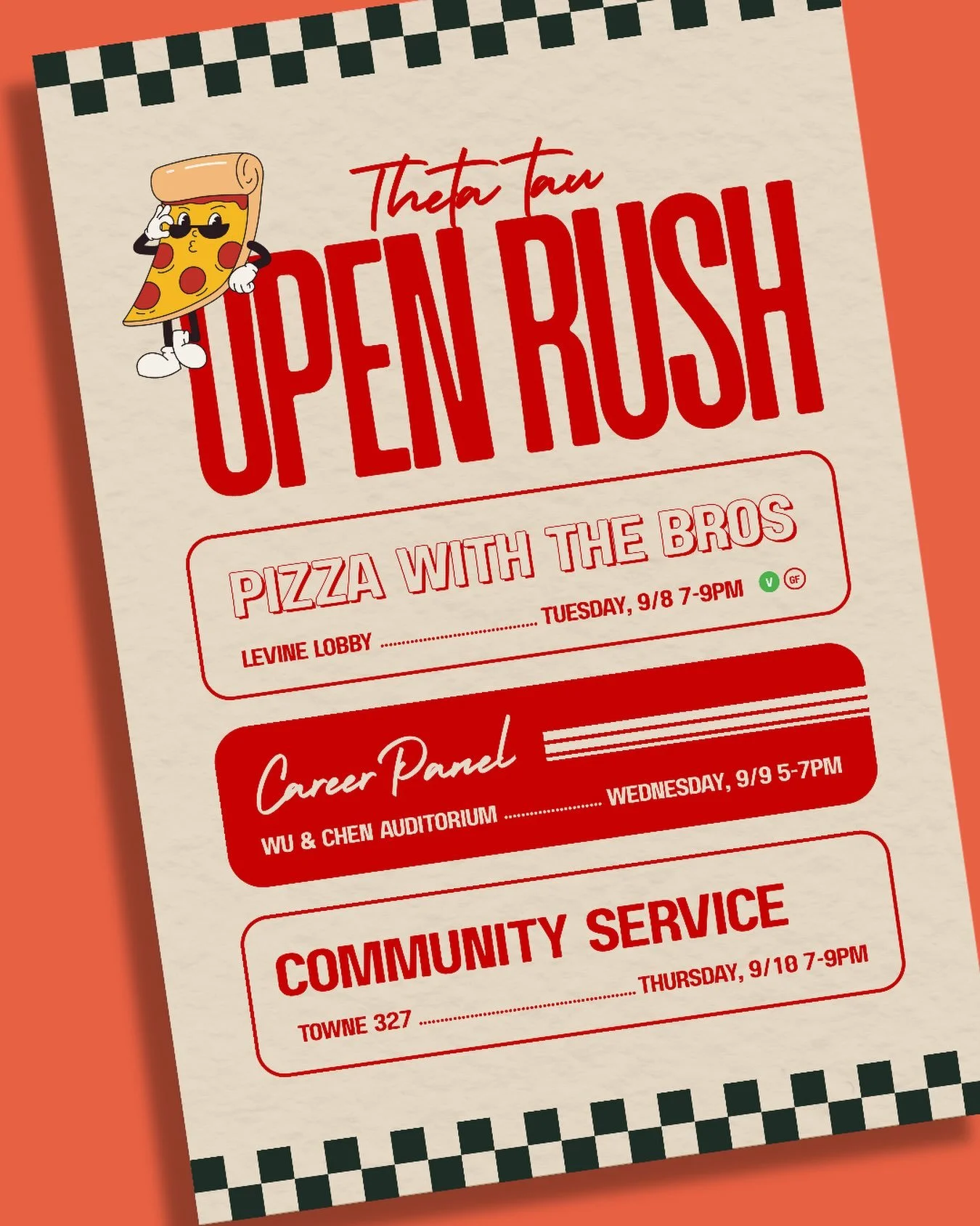 Our fall open rush menu has officially dropped!! 🍕🥤🍔 Join us from 9/8 to 9/10 to meet our brothers, find out what they&rsquo;ve been up to professionally, and give back to the community ⭐️⭐️⭐️

&bull; Pizza with the Bros 🍕👨&zwj;👩&zwj;👧&zwj;👦 