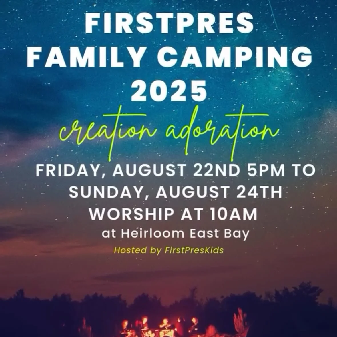 Begins Friday! We&rsquo;ll celebrate creation by being in it, together! Come camp with us (message @firstpreskidshayward if you haven&rsquo;t registered yet!), or join us Sunday morning for a camp style worship! (No worship in our sanctuary this week
