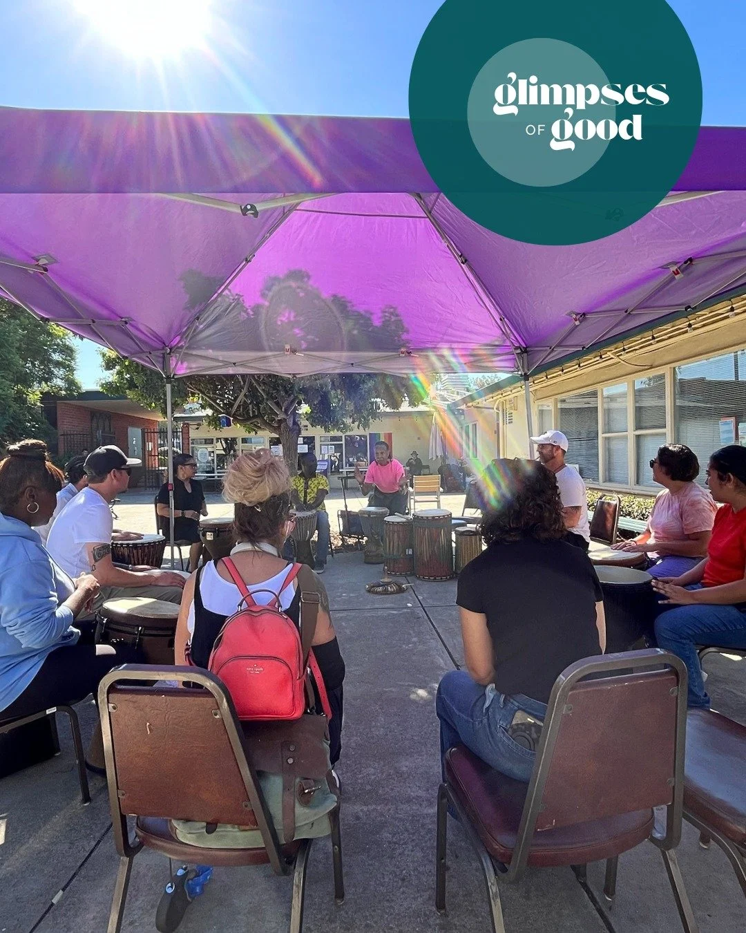 A true #glimpseofgood from our shelter courtyard this morning! Instructors from the CV School of Music led guests in a drum circle. Latonya taught us drumming patterns, origins, and traditional uses, showing us how to build beats and follow the leade
