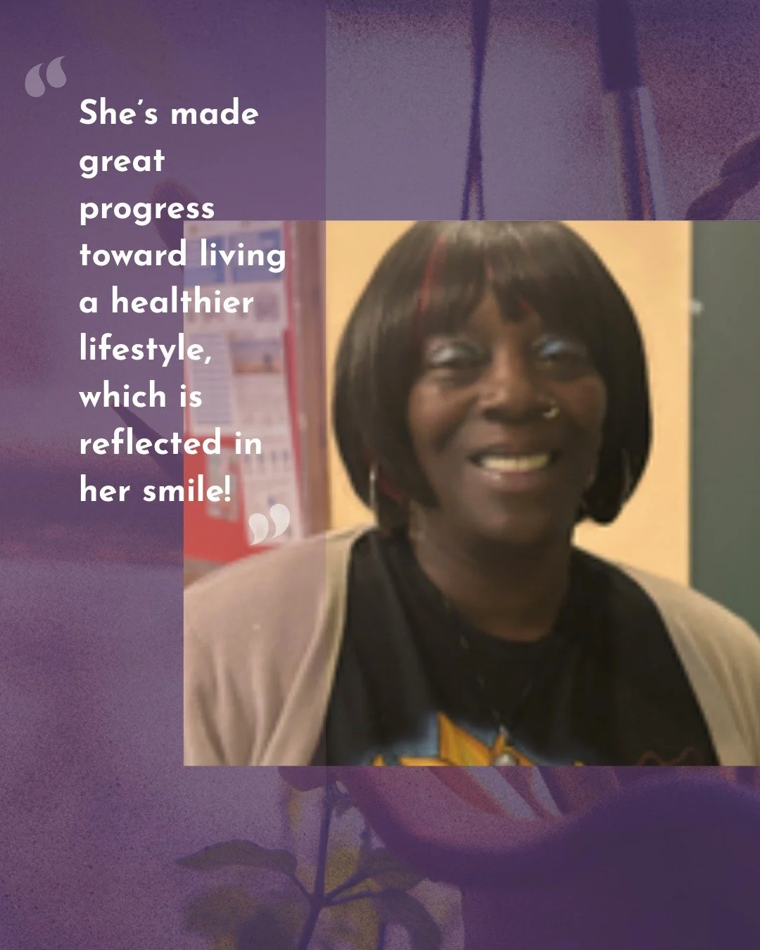 Queenester arrived at FirstPres Hayward in 2024 with a variety of struggles with her health, but always had a great attitude. Since then, she&rsquo;s made great progress toward living a healthier lifestyle, which is reflected in her smile!

She loves