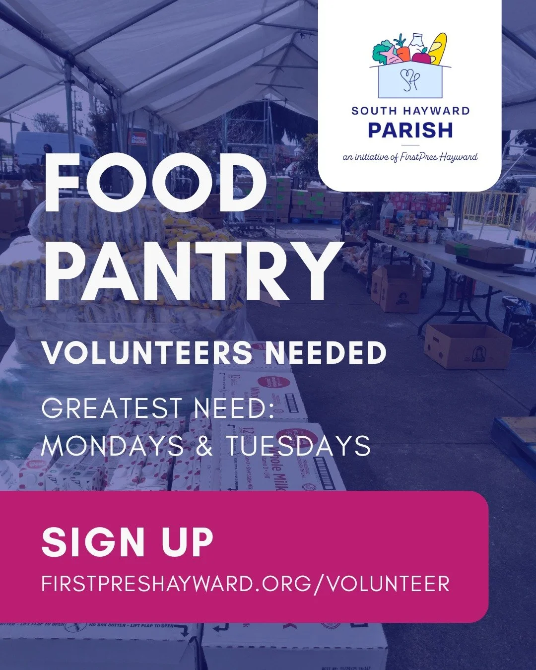 Our Food Pantry (located in South Hayward) packages food for distribution to families in need on Mondays, Tuesdays, Thursdays and Fridays from 8am-12pm. Volunteer shifts are available on all days, and we're especially in need of more volunteers on Mo