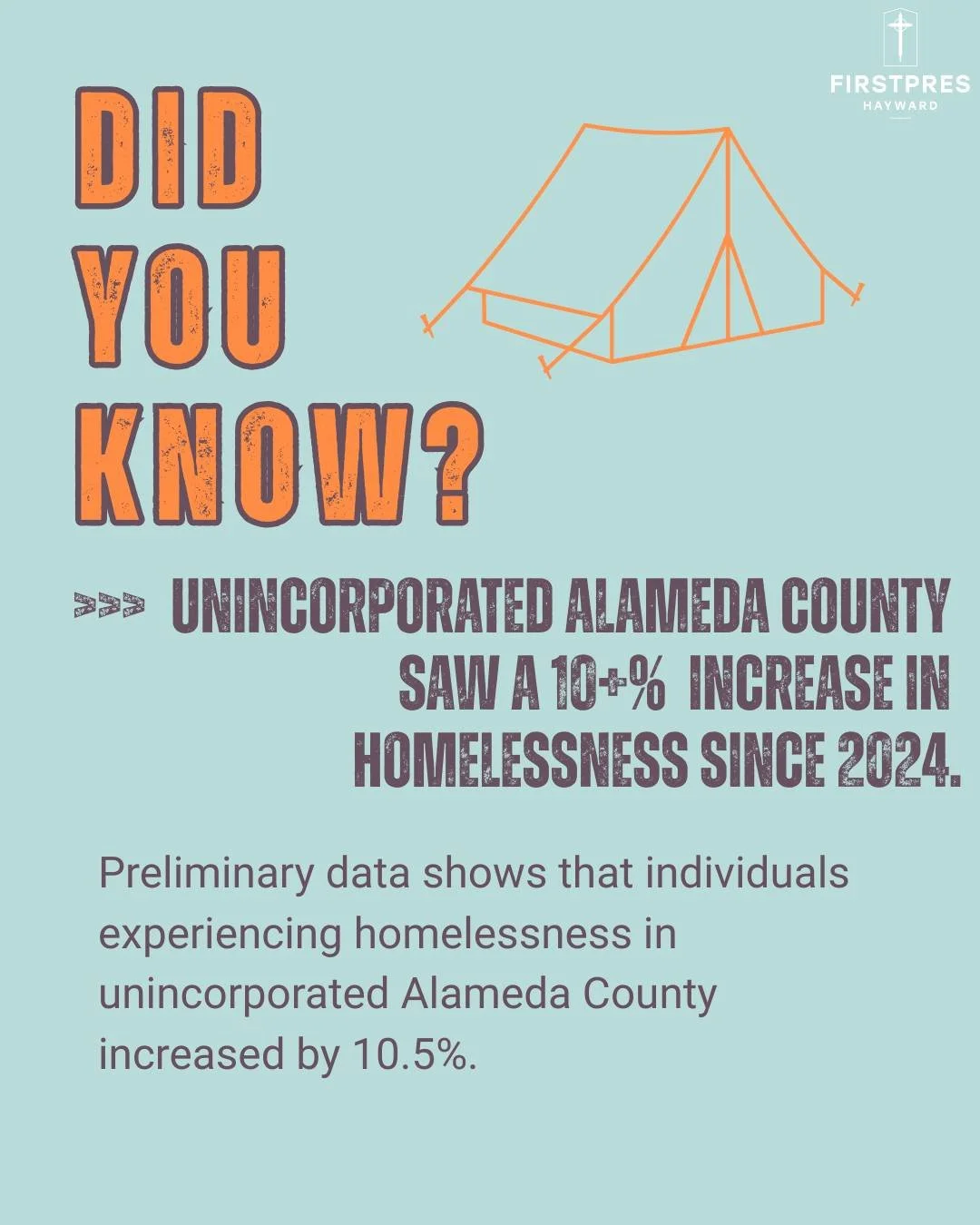Our primary site (in Castro Valley) is the only emergency, low-barrier, walk-in shelter in unincorporated Alameda County. Our experience over the past year has led us to suspect there are more individuals experiencing homelessness in our community th