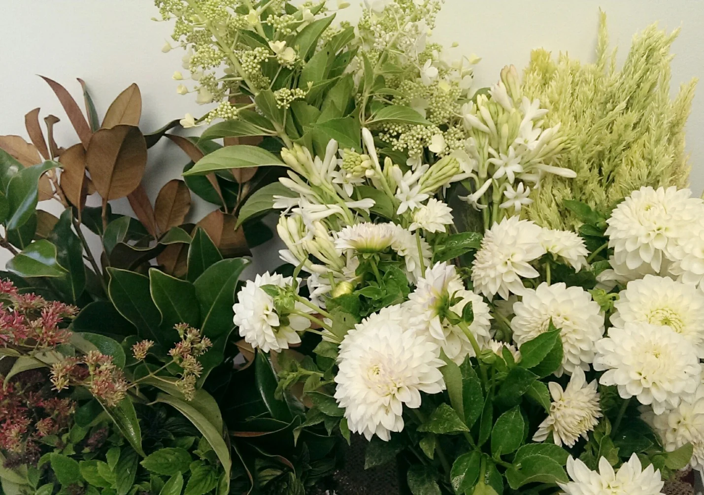 Below: (1) Foraged porcelain berry and (2) clematis paniculata. (3) A mix of foraged flowers, flowers from the flower farm and flowers from the wholesale market including pokeberry, dahlias, pee-gee hydrangeas, snapdragons, zinnias (limelight), amaranth, snowberry, hellebores, heirloom carnation, broomcorn and cotinus (smokebush). A tip when foraging for pokeberry: Cut when the berries are still young and green. It is okay to cut when the berries are ripe and purple, however I would not use in a bouquet as the berries can stain clothing easily.