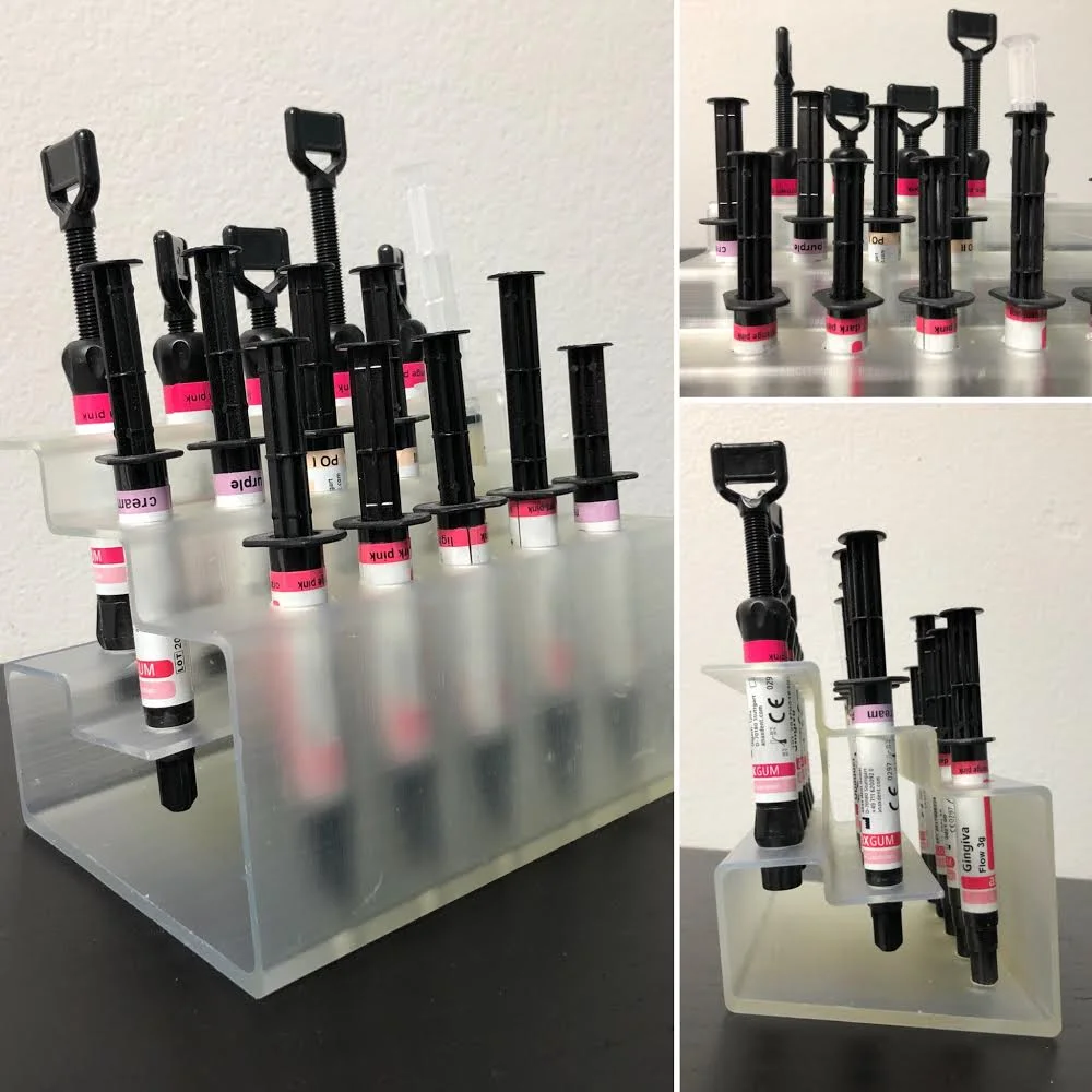 Anaxgum Organizer - $10 Click here to purchase (design will be emailed automatically) For anyone using Anaxgum for their pink composite, this is a holder that does some things really well. It holds the tubes at an angle where you can read the labels more easily. It also spaces the tubes out so that you can more easily see between them (again, to read those labels). Designed to print directly on the build platform, including little tabs to increase the surface area (these easily snap off after curing the print). Hope you enjoy the organization.