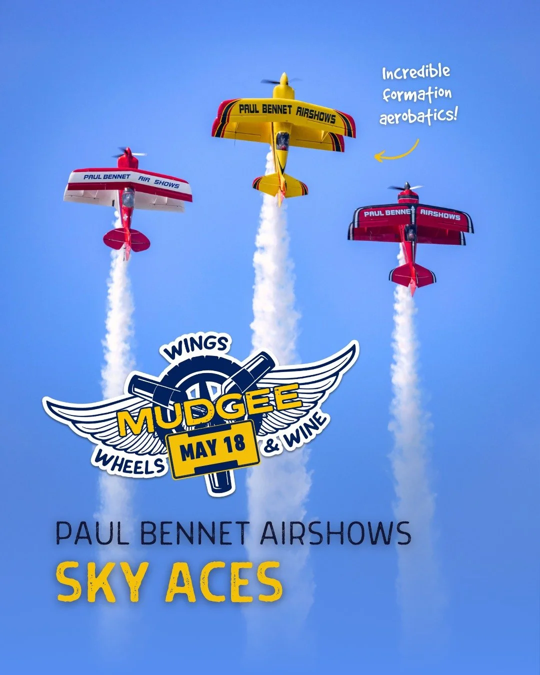 💥 The incredible @paulbennetairshows SKY ACES are back for #WingsWheelsWine THIS WEEKEND!

🚀 Known all across Australia and overseas for their incredible formation displays, the #SkyAces team brings the skies to life with exhilarating rolls and dyn