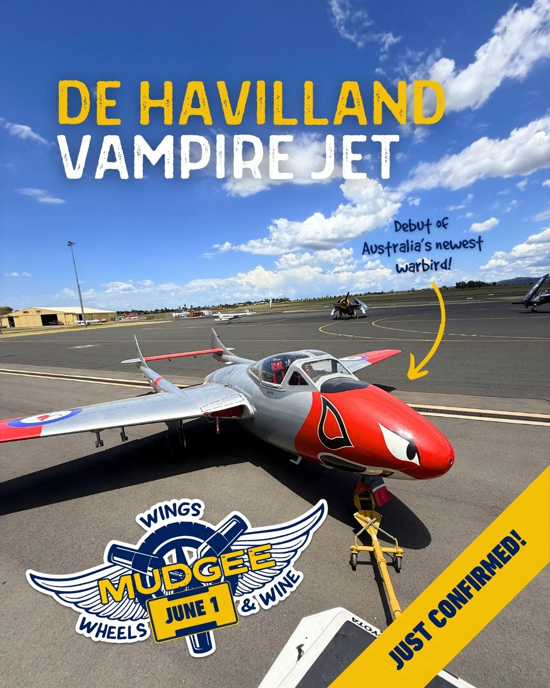 🚨 HUGE ANNOUNCEMENT &ndash; VAMPIRE JET CONFIRMED! 🚨

Aviation fans, this is HUGE &ndash; the legendary VAMPIRE JET is confirmed to perform at Wings, Wheels &amp; Wine Airshow TOMORROW and will be the first time this aircraft has ever flown at an A