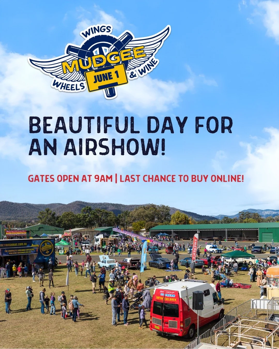 ☀️ What a beautiful day for an #airshow! 

🚀 The sun is out, clear skies, and we&rsquo;re thrilled to finally welcome you to Wings, Wheels and Wine 2025! We&rsquo;re ready for a huge day of aerobatics, warbirds, stunning show cars and plenty more - 