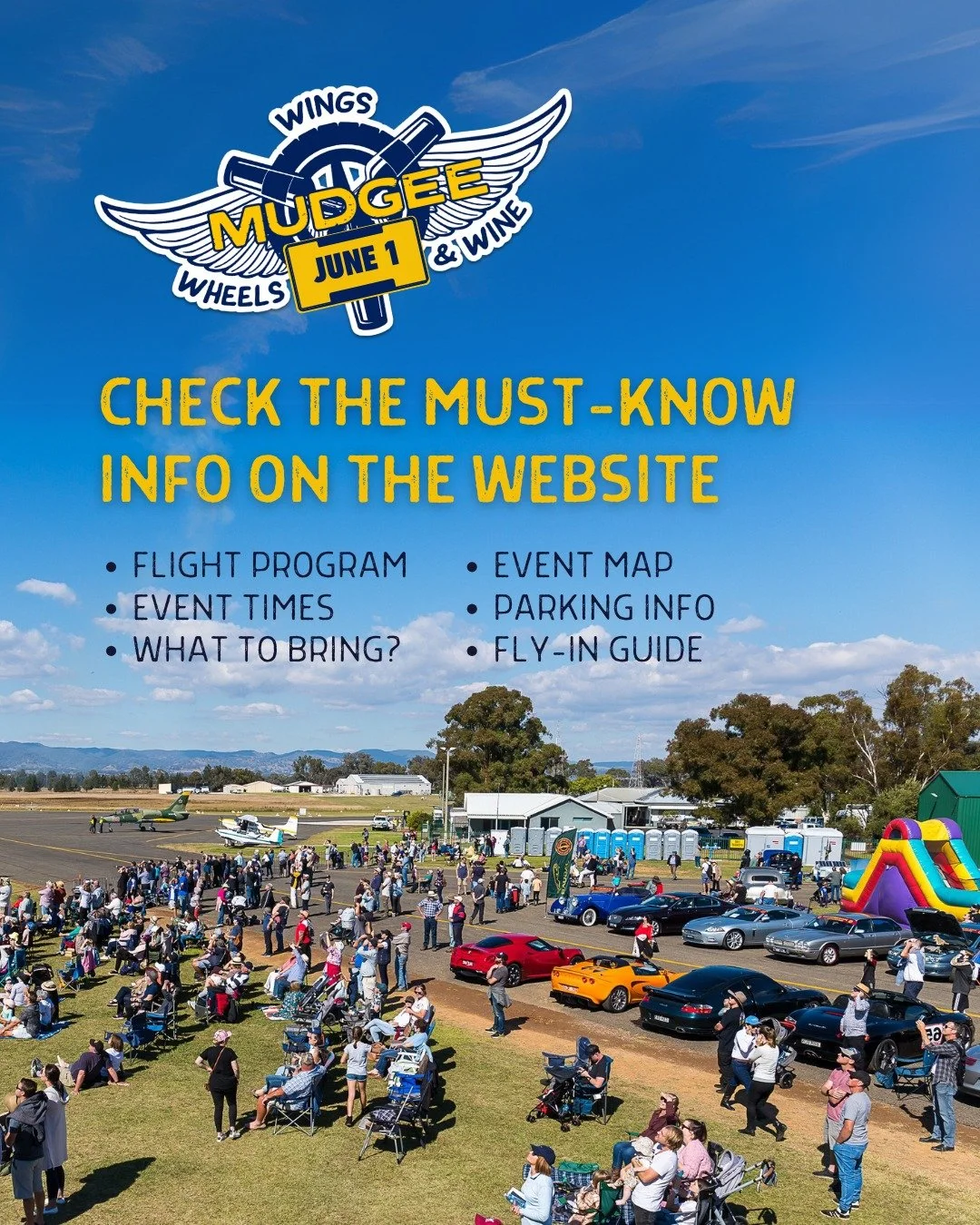 🔥 The countdown is almost over! Wings, Wheels &amp; Wine is THIS SUNDAY - and all the must-know event info you need is live on the website! Be sure to have a read over and start planning your day. 

🛩️ Flying program
🚗 Parking &amp; access
🧭 Even