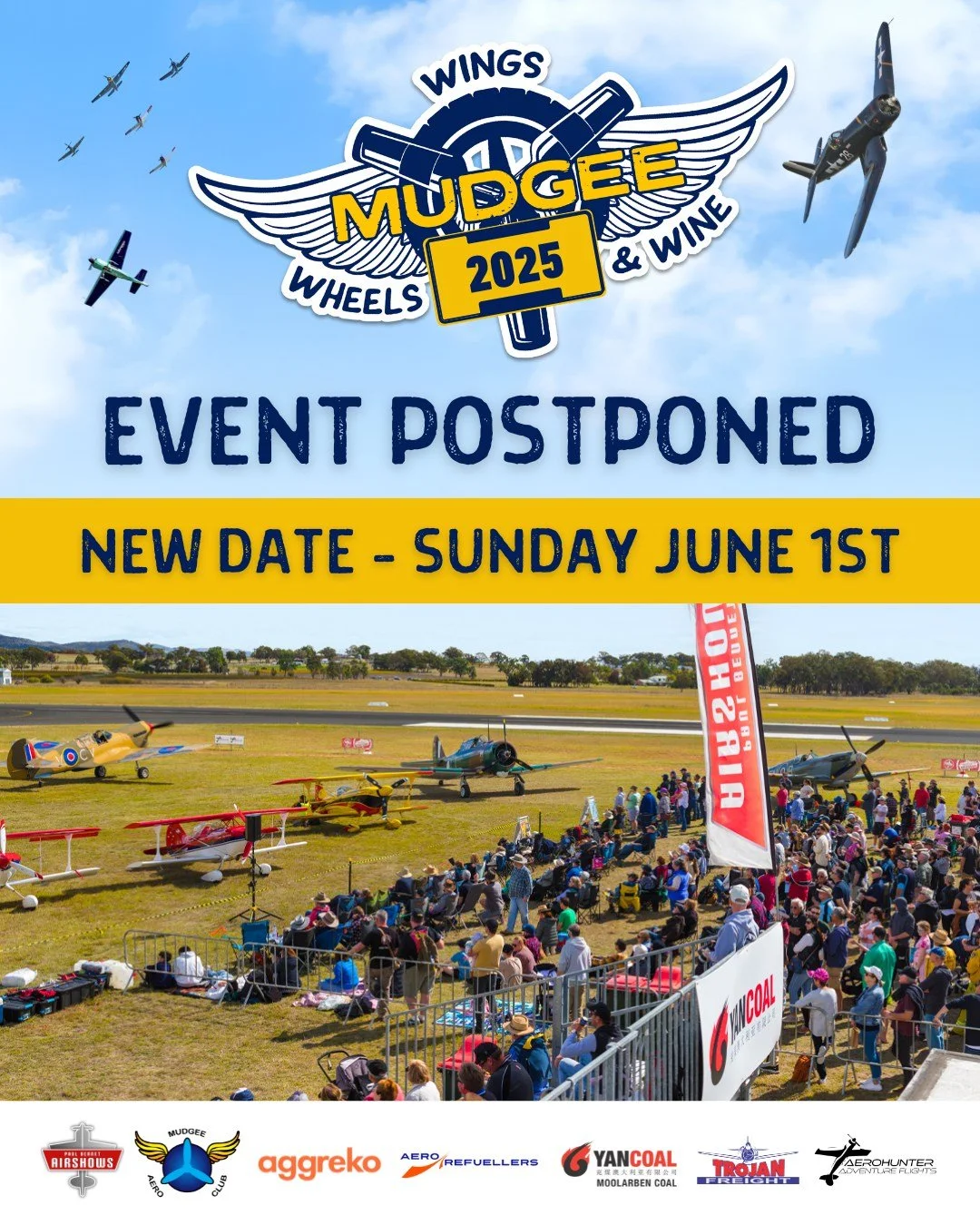 📢 EVENT POSTPONED TO SUNDAY, JUNE 1ST &ndash; WINGS, WHEELS &amp; WINE 2025

We&rsquo;re sorry to bring this news again - but due to another round of forecasted unsafe weather conditions across the next several days, Wings, Wheels &amp; Wine has bee