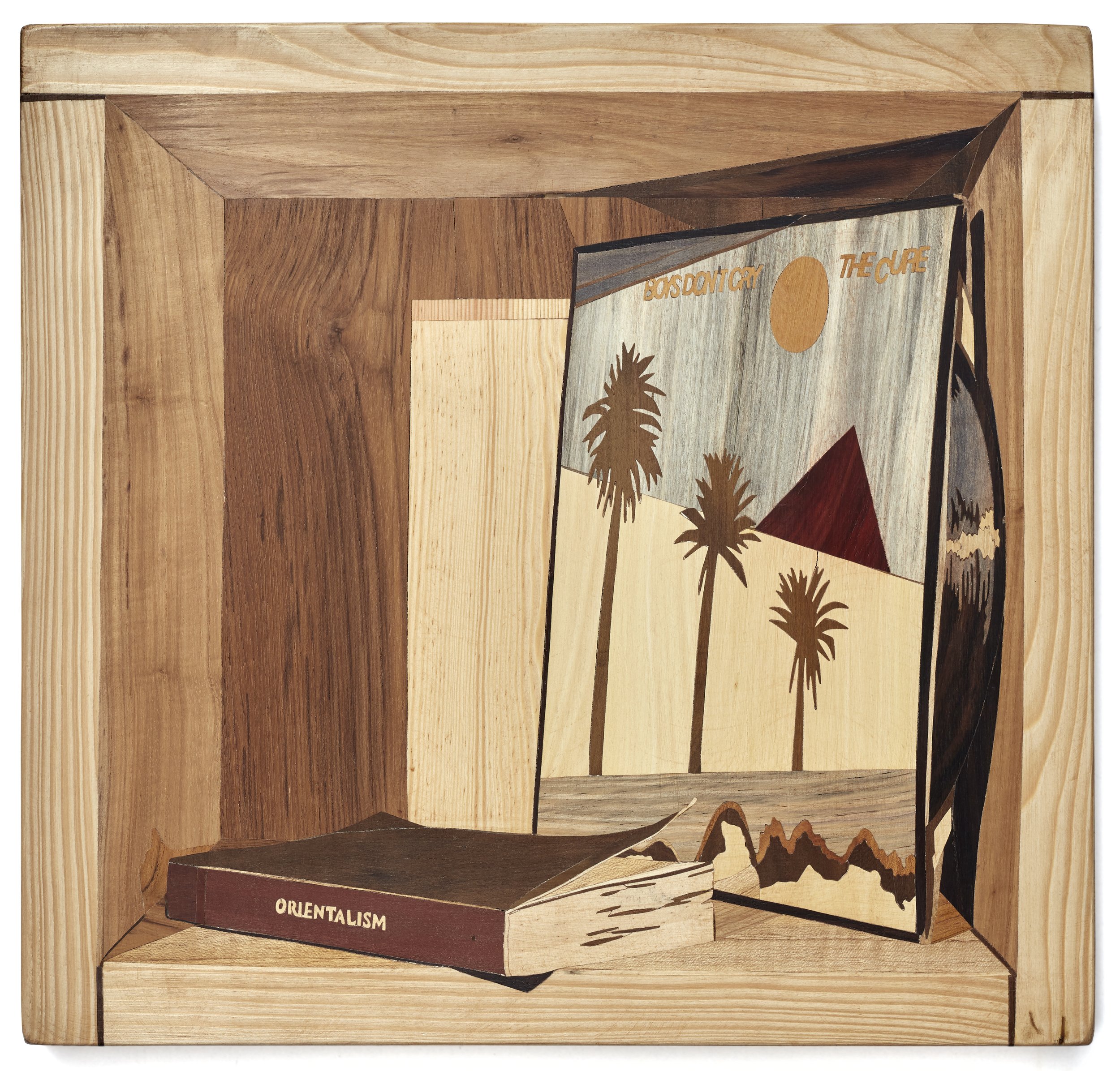 "Fire in Cairo" 2019. 15" x 15" x 2" Wood Intarsia/Inlay
