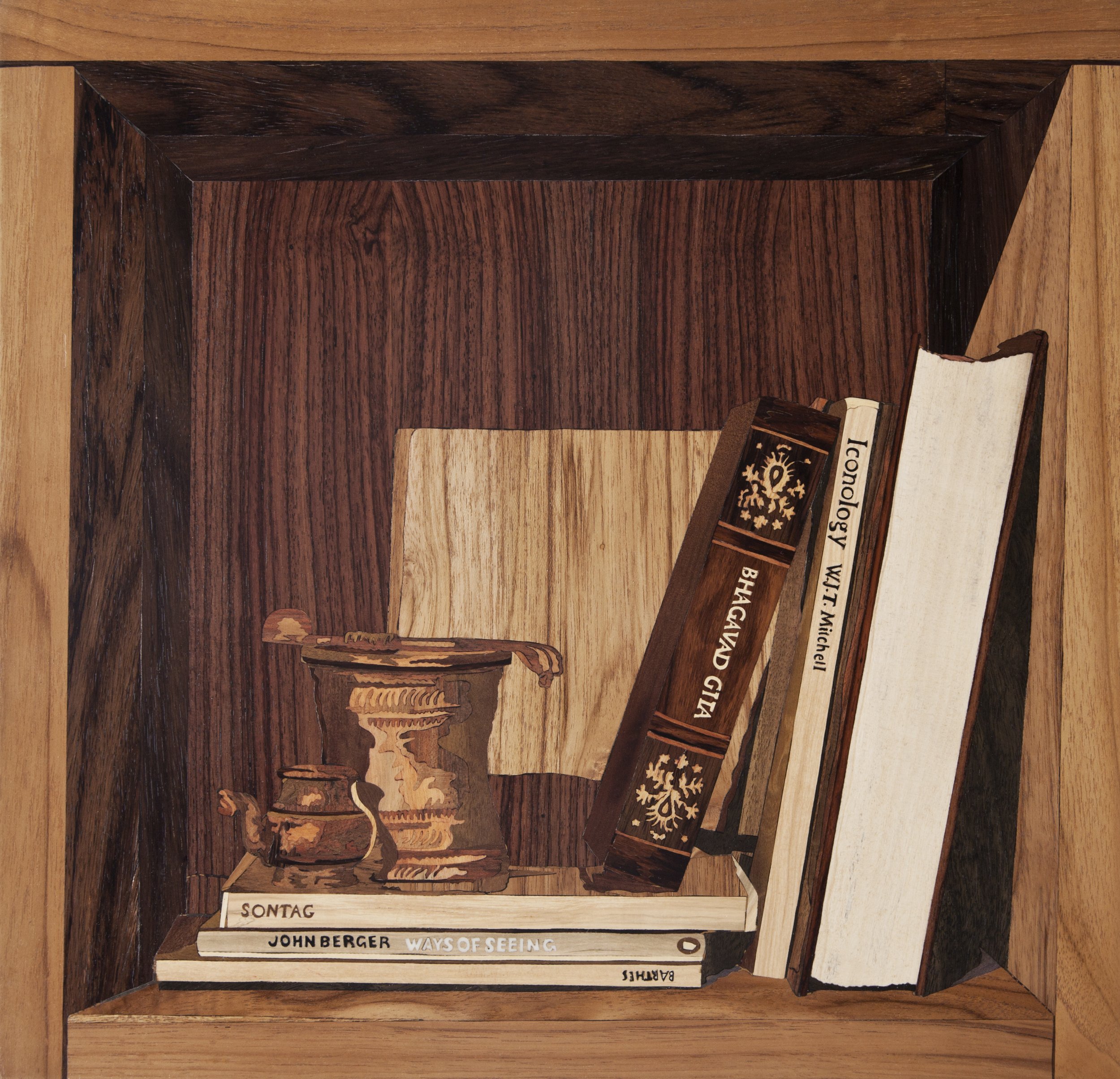 "Sontag, Berger, Barthes, Gita and Copper Vessels" 2017. 15.5” x 14.5” x 1” Wood Intarsia/Inlay