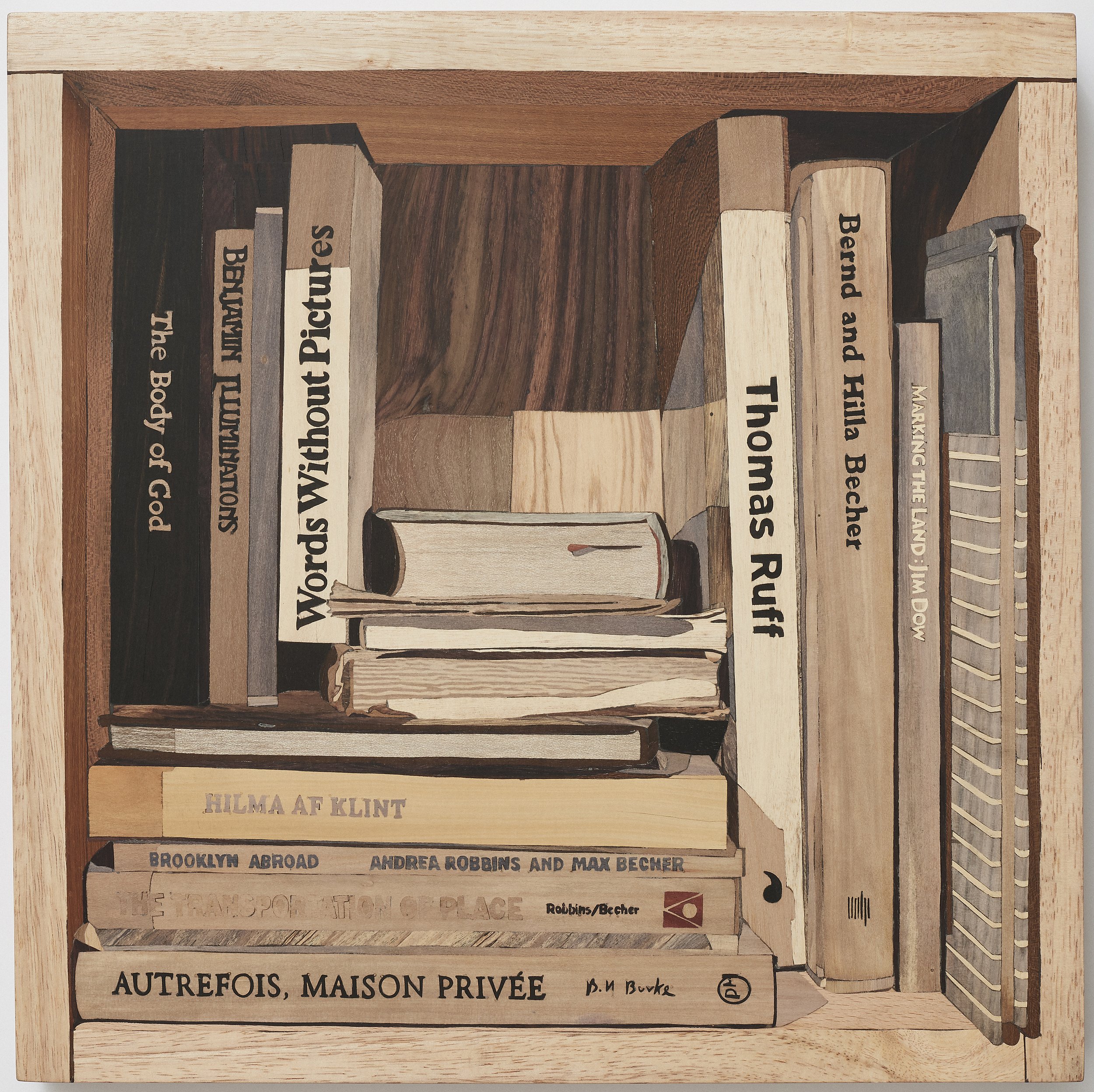 "Robbins/Becher, Burke, Dow, Ruff, af Klint, Becher, Benjamin, Adams, Cotton, Klein and God" 2020. 16” x 16” x 2” Wood Intarsia/Inlay