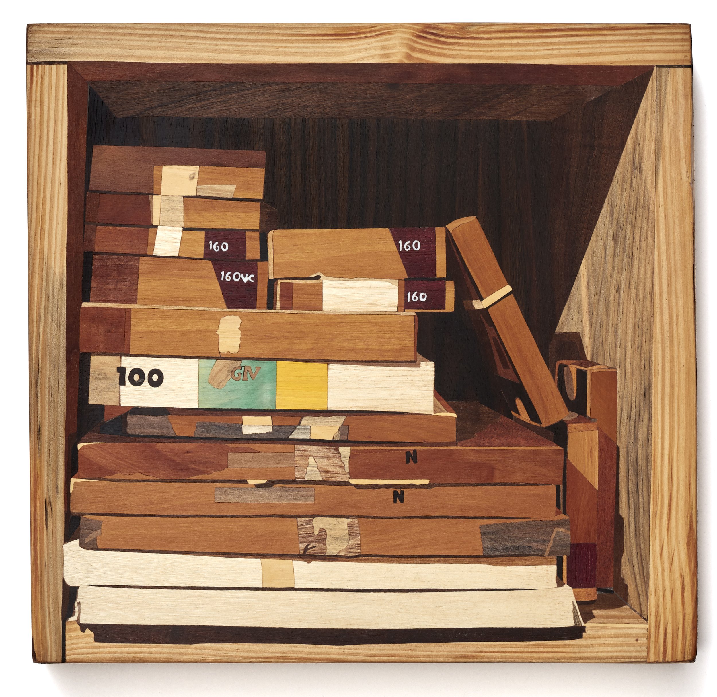 "Print Archive" 2019. 11” x 11” x 2” Wood Intarsia/Inlay