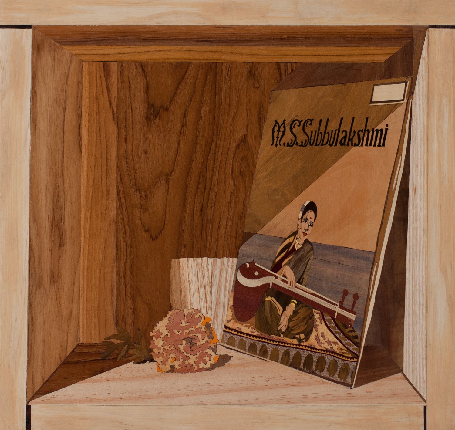 "Marigold and M.S. Subbulakshmi Record" 2018. 14.5” x 14.5” x 2.25”. Wood Intarsia/Inlay