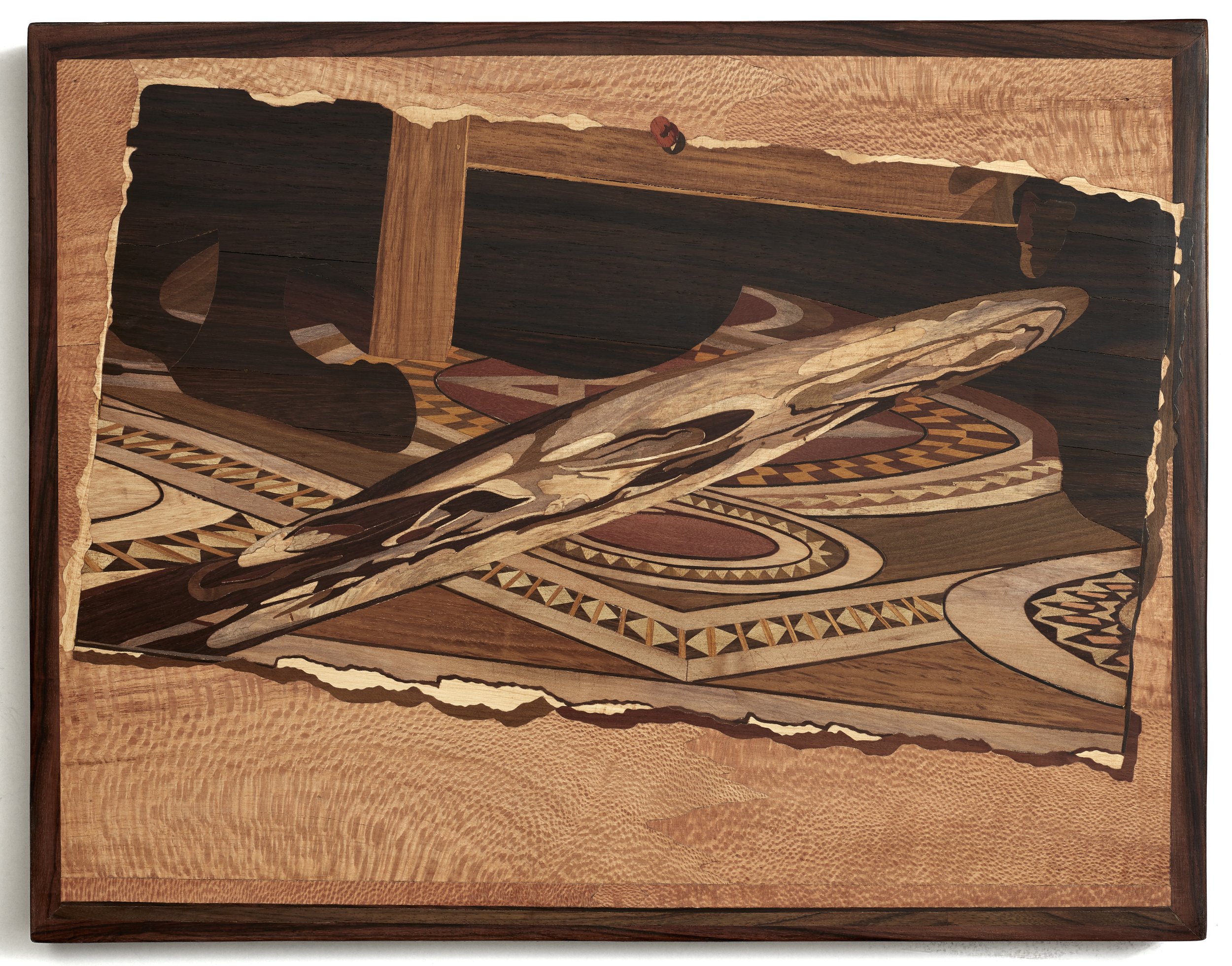 "The Ambassadors on Cork-Board" 2020. 16” x 20” x 3” Wood Intarsia/Inlay