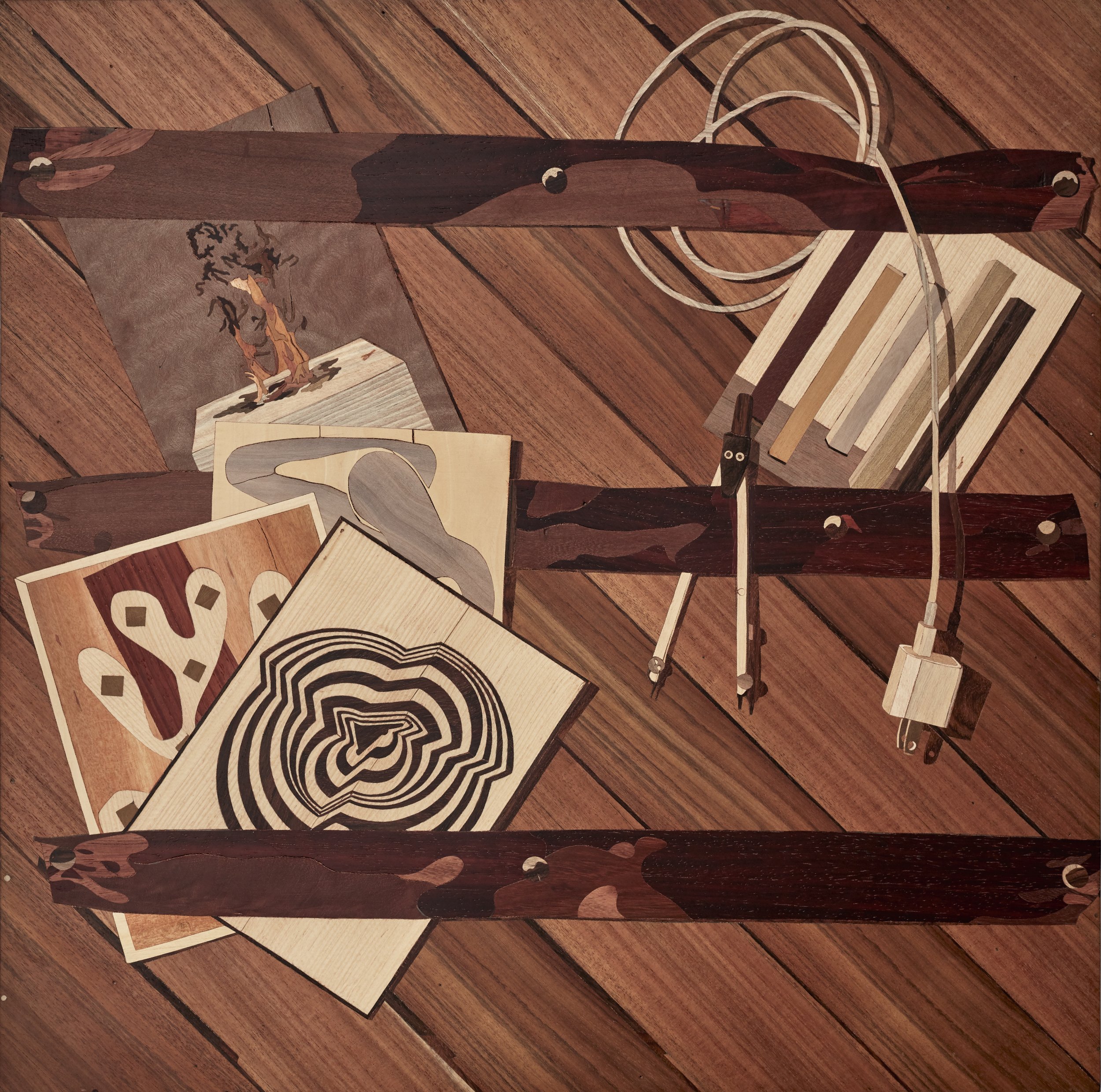 "Exhibition Postcards, Compass and iPhone Plug" 2020. 21.5”x 21.5”x 1.5” Wood Intarsia/Inlay