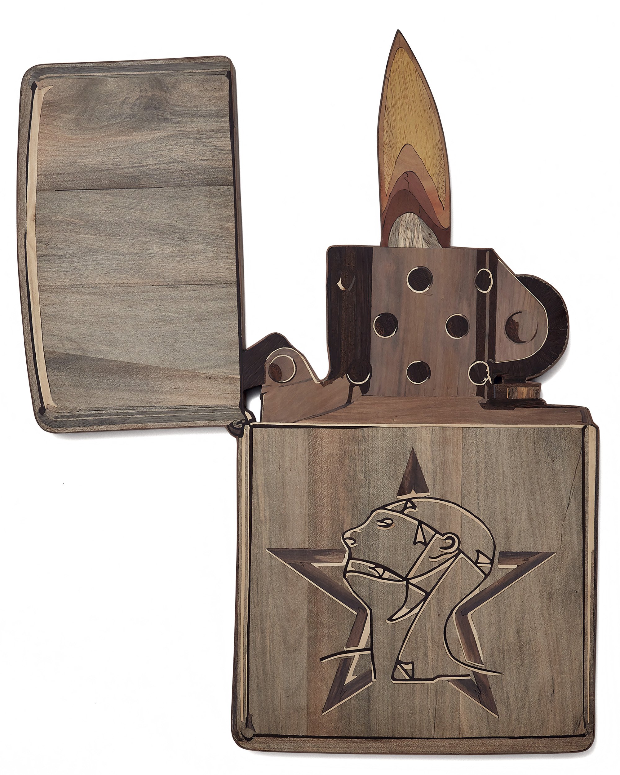 "Smoking Kills, But Only Love Can Break Your Heart (Sisters of Mercy Zippo)", 2022 24.5" x 20", Wood Intarsia/Inlay