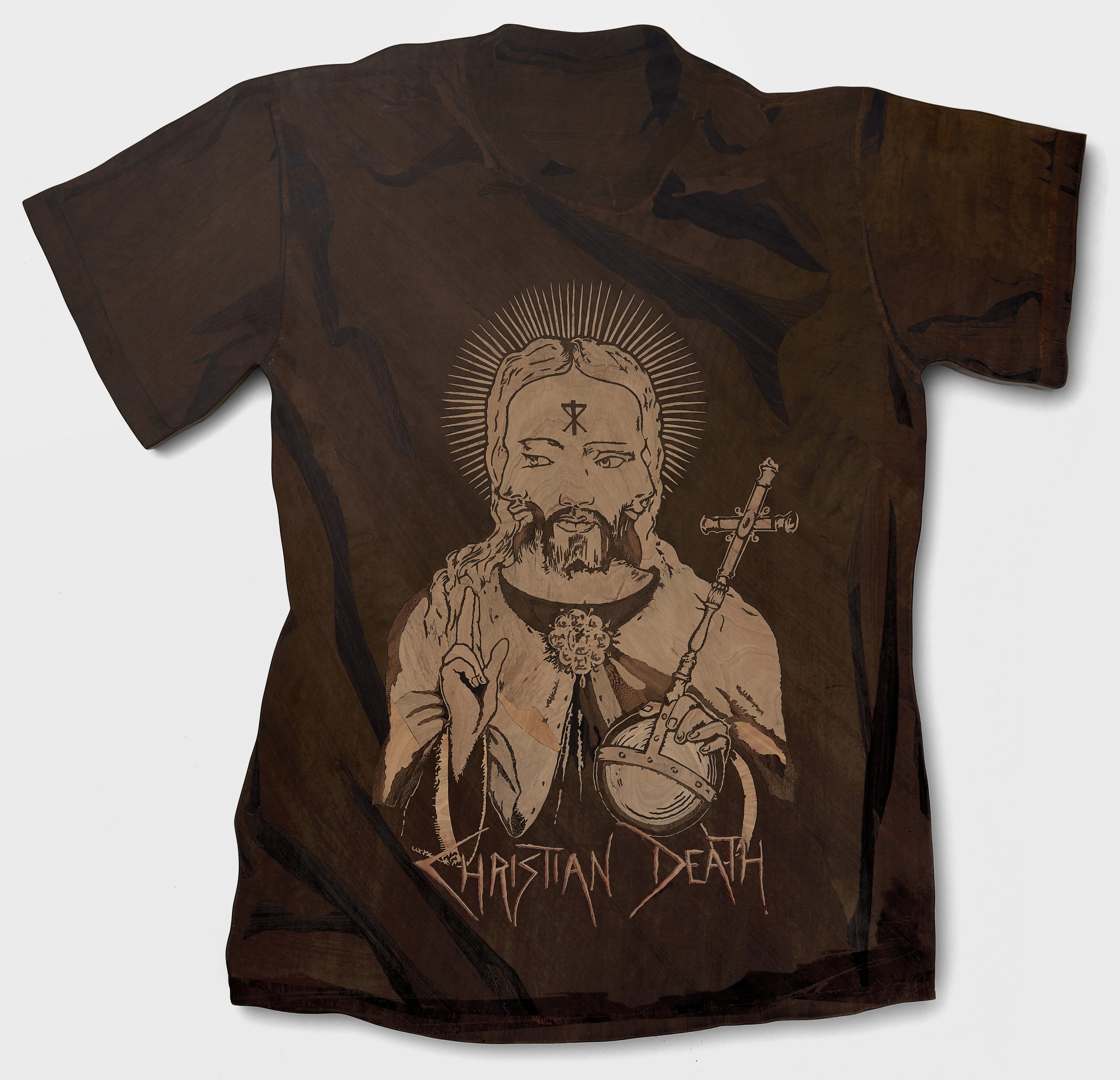 "We Fall Like Love (C.D. vintage tee) ", 2022 36" x 36" Wood Intarsia/Inlay