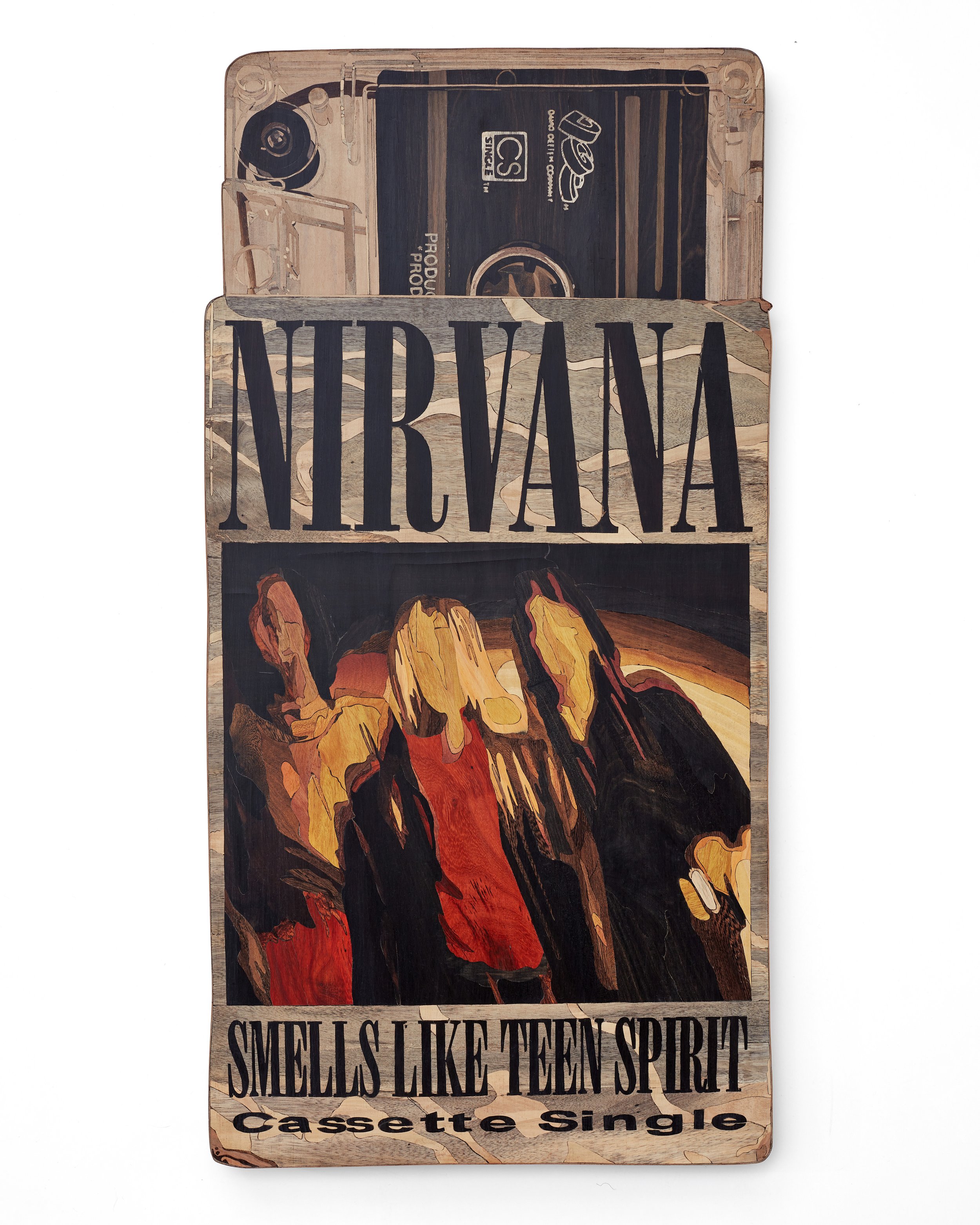 " Nirvana Cassingle" 2023, 28" x 14" x 1.5" Wood Intarsia/Inlay