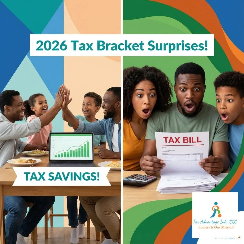 Split image showing on the left a family celebrating around a table with a laptop displaying a rising graph, with the text '2026 Tax Bracket Surprises! TAX SAVINGS!'. On the right, a family of three with surprised expressions looking at a tax bill, w