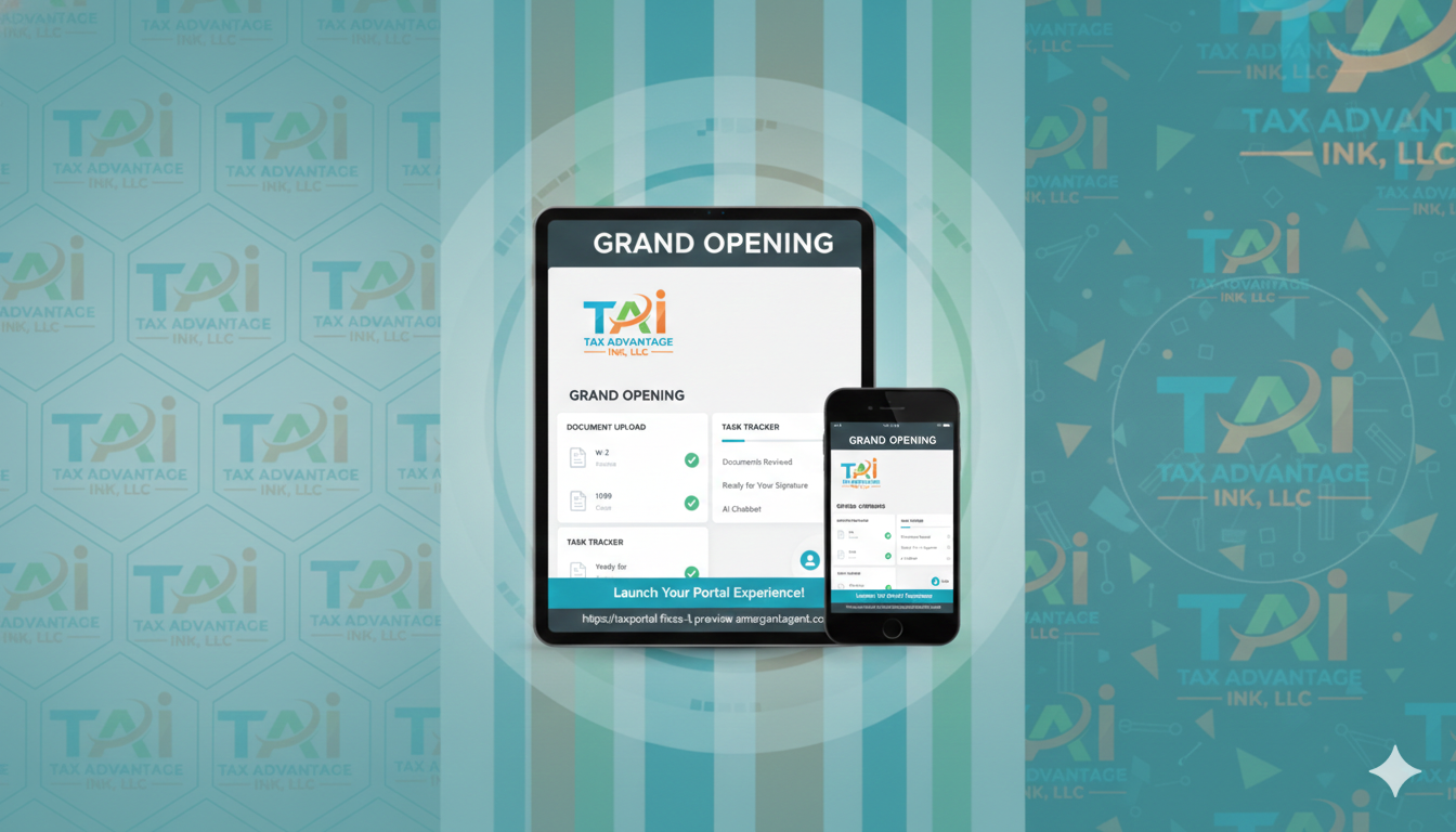A digital poster for the grand opening of Tax Advantage, LLC, displaying a tablet and smartphone with event details and task tracker, against a blue background with logo patterns.