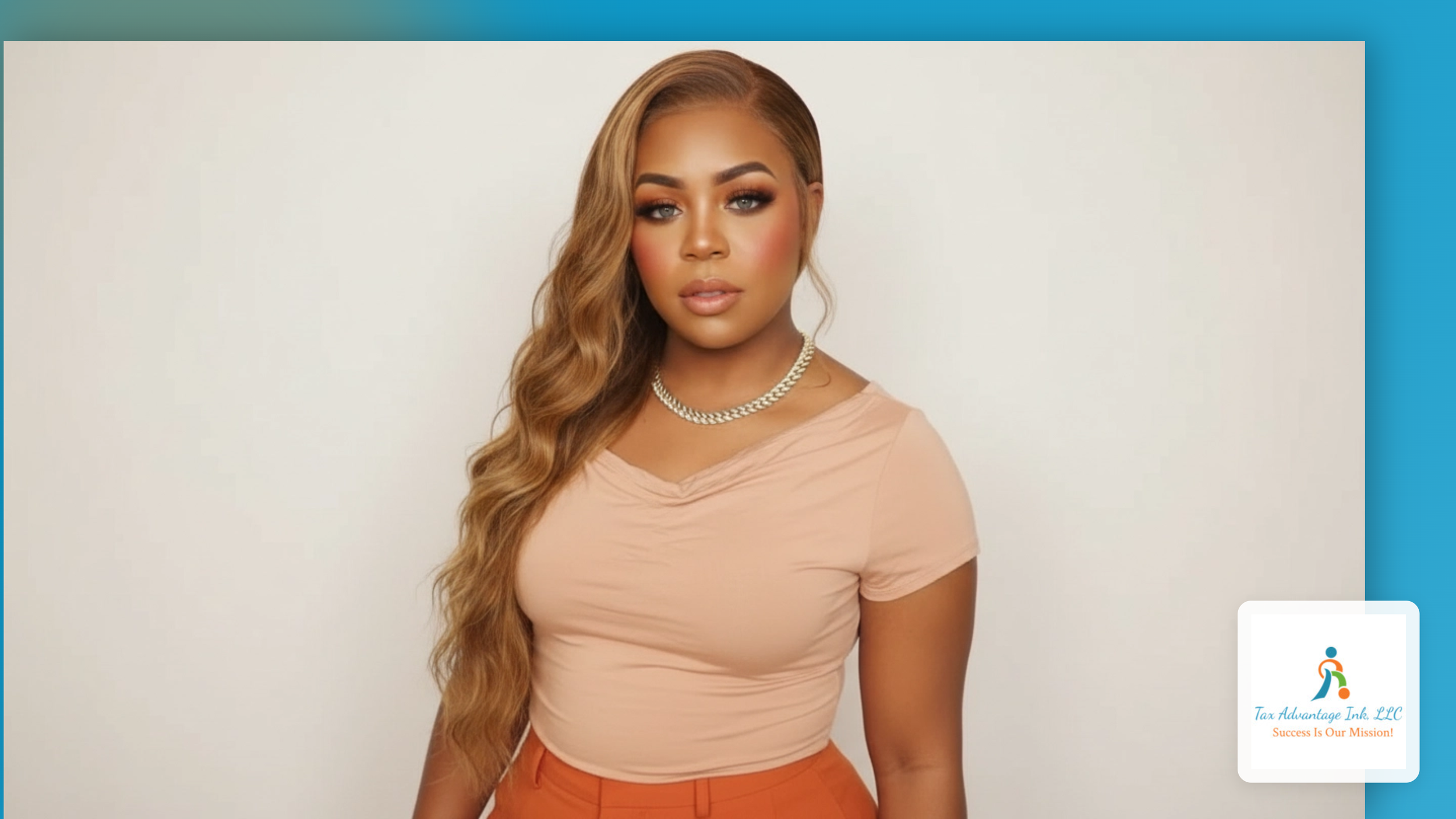A woman with long, styled light brown hair, wearing a beige top, orange pants, a chain necklace, and makeup, standing against a white background.