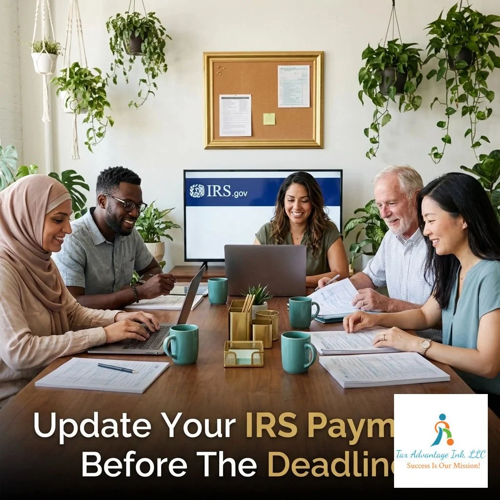 A diverse group of five people sitting around a table in an office, smiling and working on laptops and documents with a monitor displaying the IRS.gov website. The office is decorated with hanging and potted plants, and there is a bulletin board on t