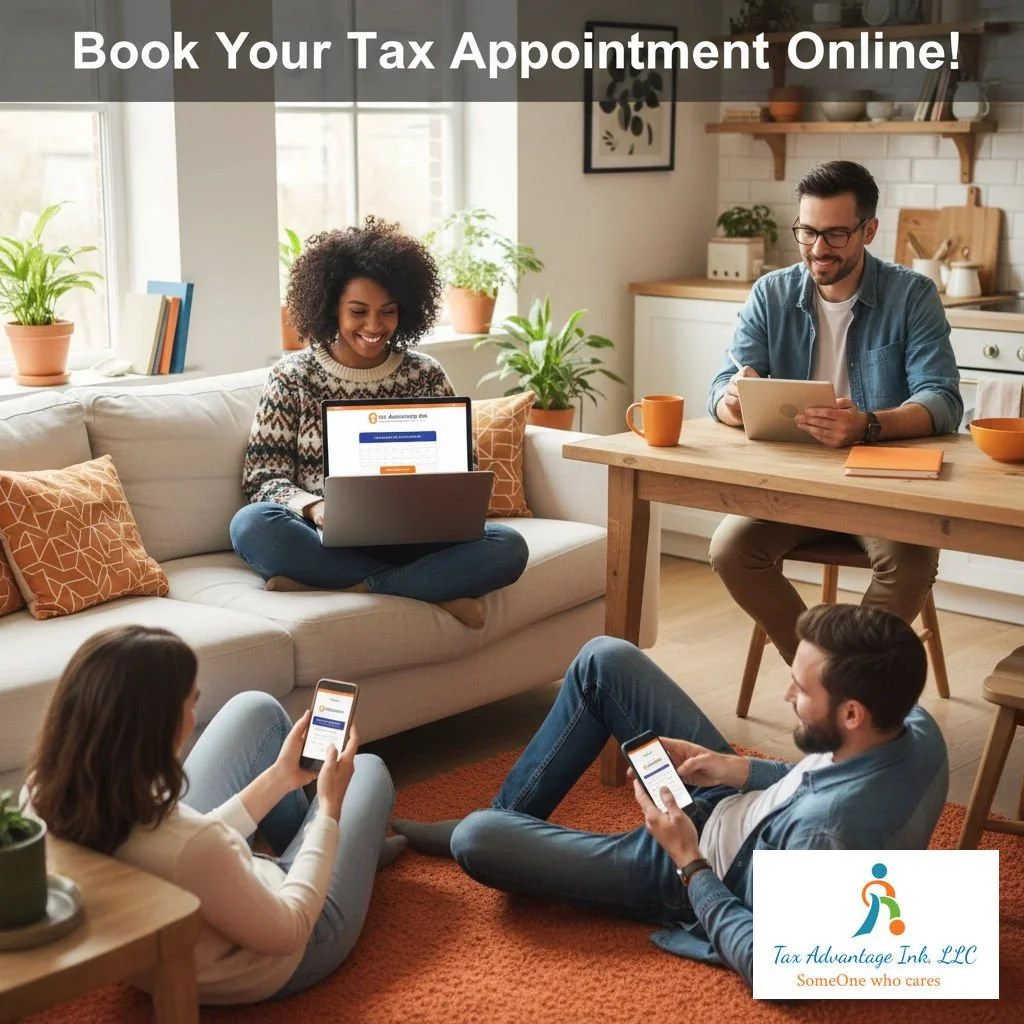 A group of four young adults, two sitting on the floor and two on a couch, engaging with their smartphones and a woman on the couch working on a laptop, in a cozy, well-lit living room with indoor plants. A sign overhead reads 'Book Your Tax Appointment Online!' and the bottom right corner features a logo for Tax Advantage Inc. LLC.