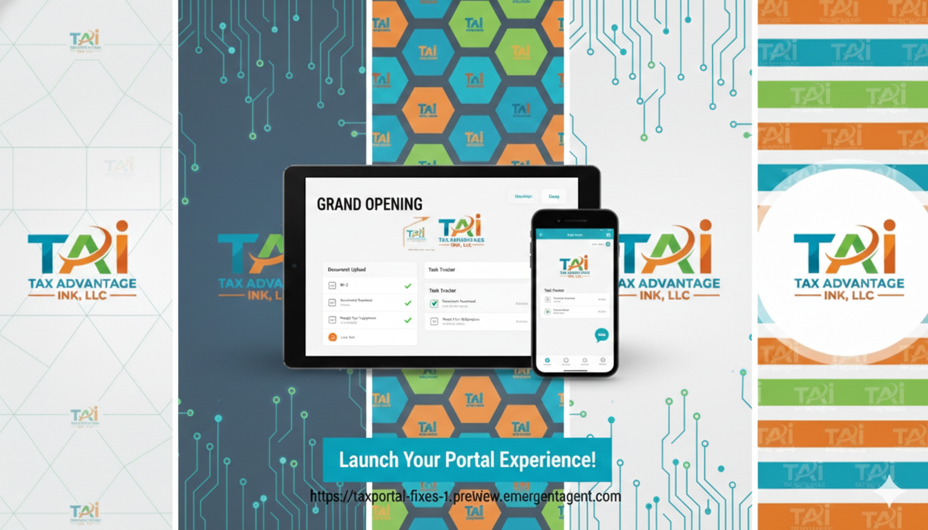 Promotional graphic for Tax Advantage Ink, LLC highlighting a digital portal experience with images of a tablet and smartphone display, various backdrop patterns with the company logo, and a call-to-action button saying 'Launch Your Portal Experience!'