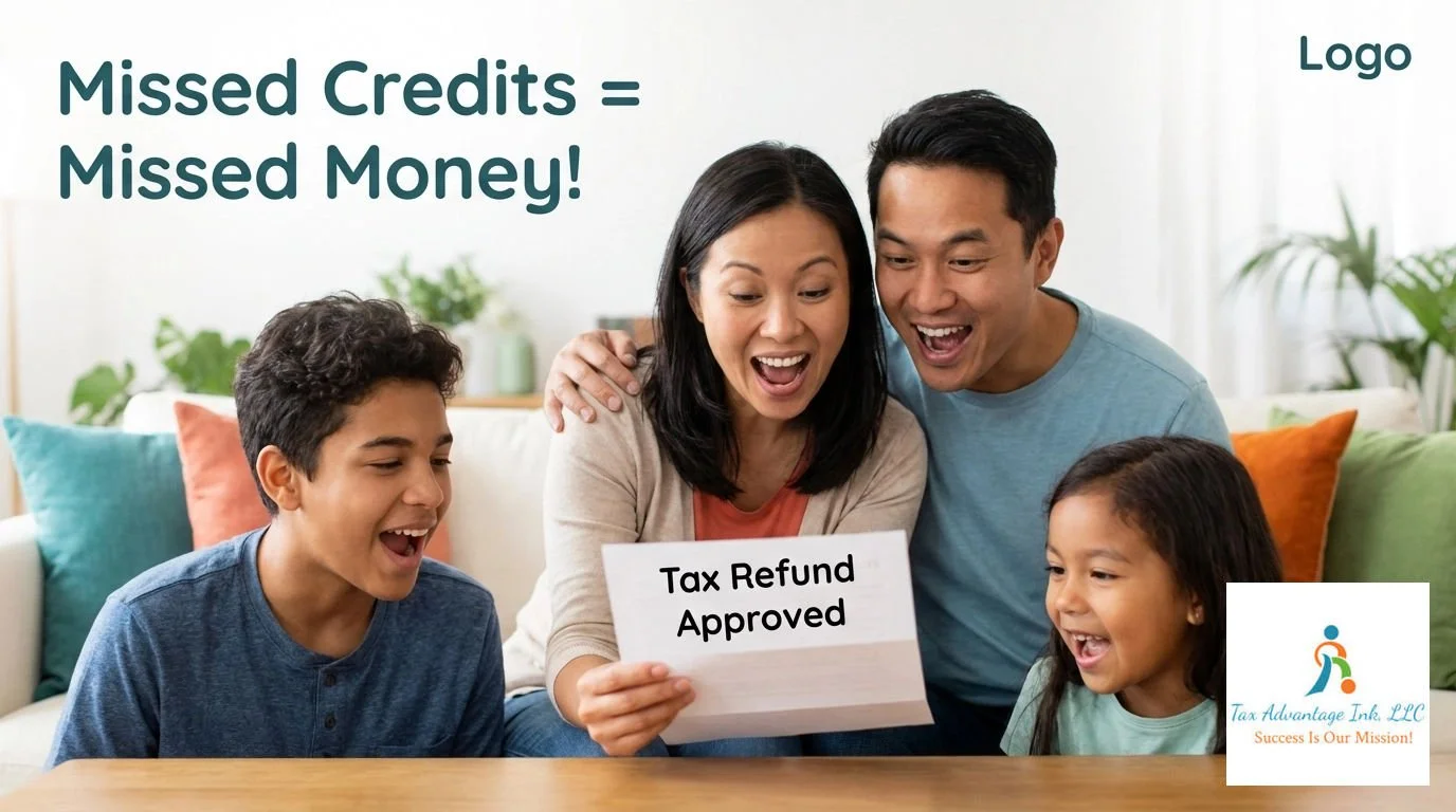A happy family of four, including a woman, man, boy, and girl, celebrating a tax refund approval with a sign that says 'Tax Refund Approved' in a cozy living room with colorful pillows and plants. The top left has a slogan 'Missed Credits = Missed Mo