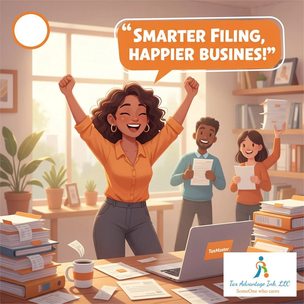 An animated woman celebrating in an office with piles of paperwork, a laptop, and two colleagues smiling in the background. The woman has her arms raised and is shouting "Smarter filing, happier business!" The office is brightly lit with sunlight streaming through large windows, and there are plants and framed pictures on the shelves. The office features the TaxMaster logo and logo of Tax Advantage Inc. LLC.