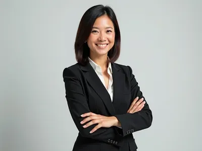 A woman in a black blazer smiling with arms crossed against a neutral background.