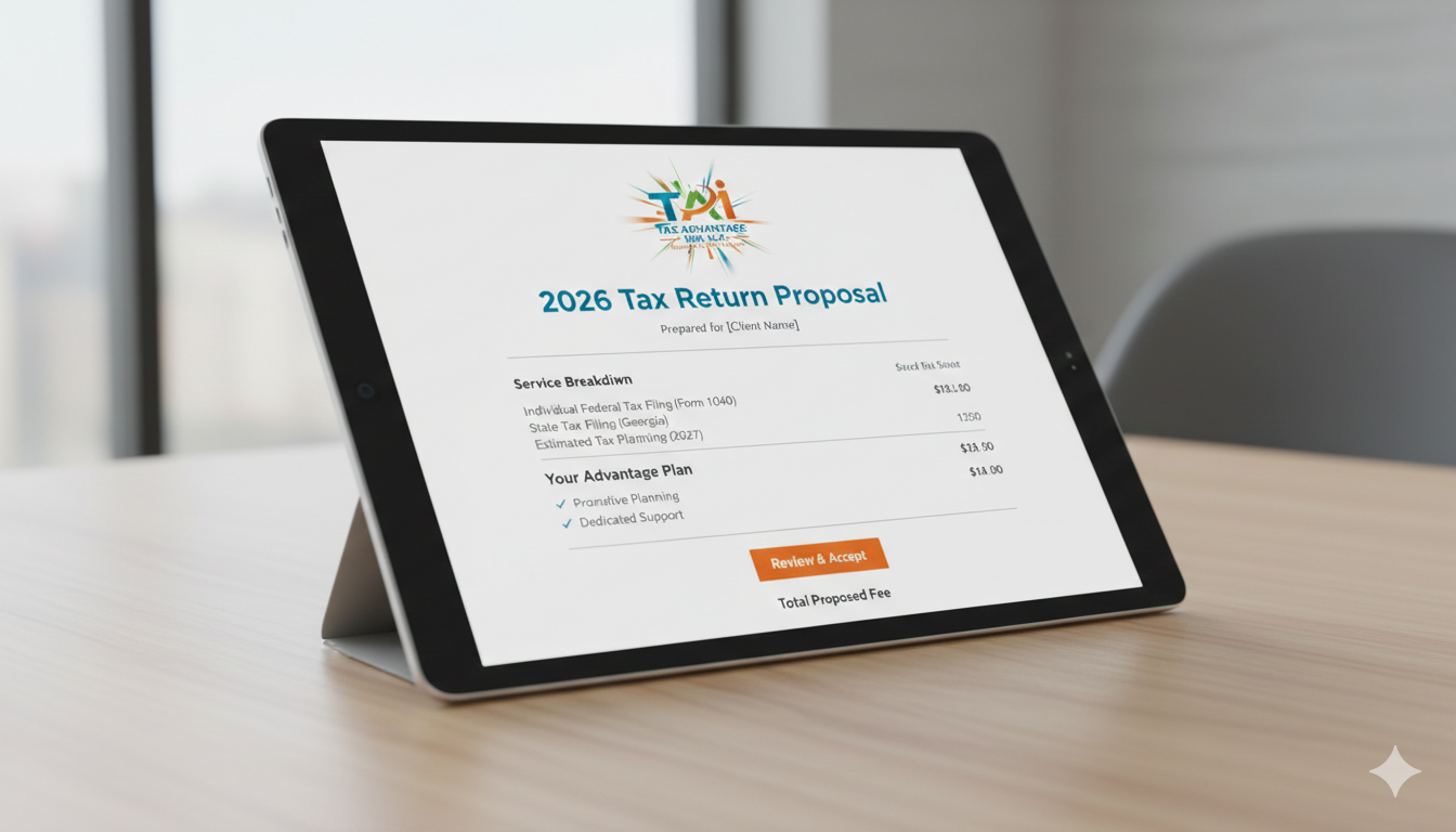 Tablet displaying a 2026 tax return proposal form with service breakdown, advantage plan details, and a review & accept button on a wooden table.